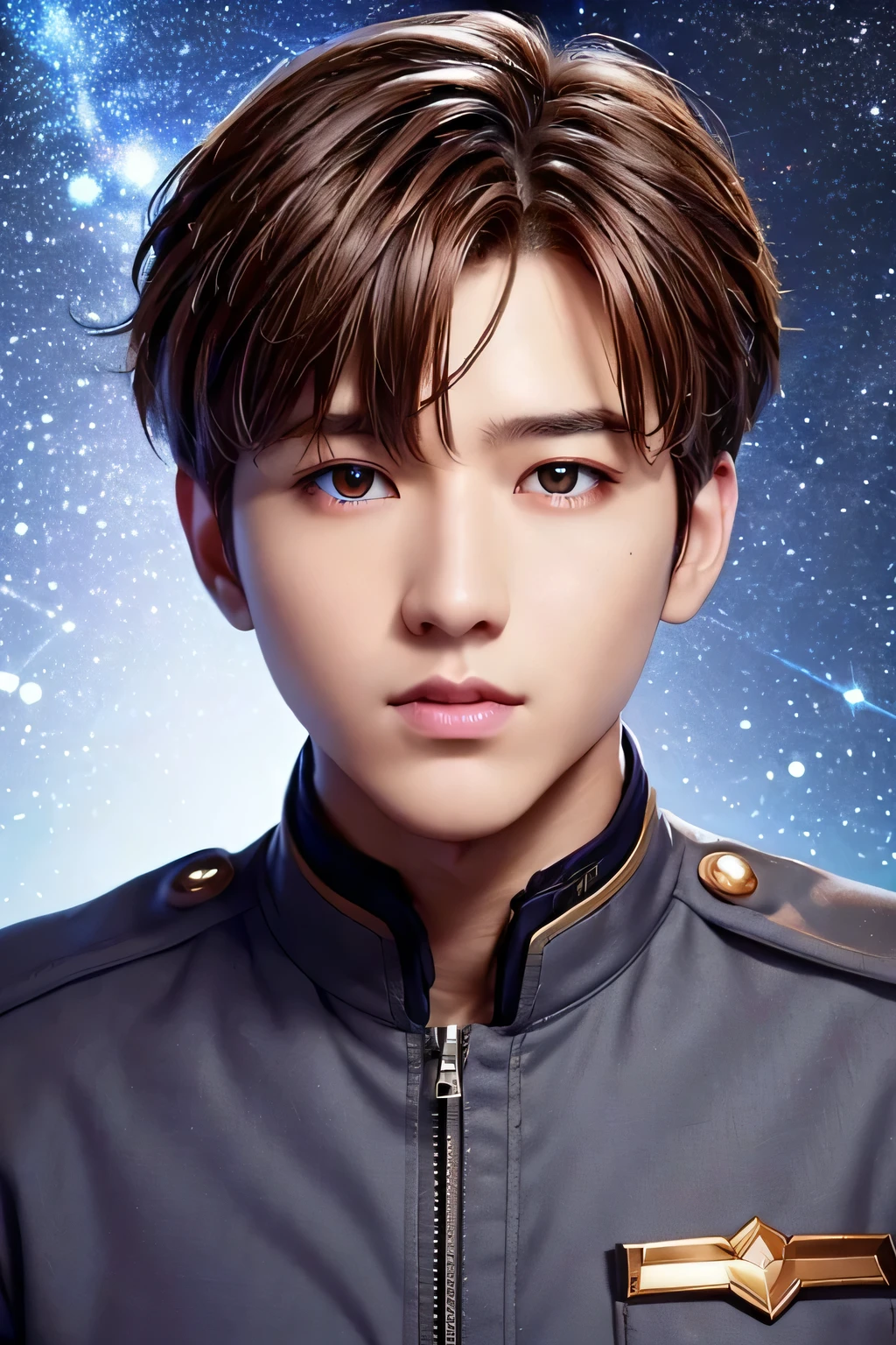 1 person、high quality、masterpiece、4k、Shorthair and brown hair、shining eyes、realistic skin、rough skin、(Profile shot:1.23)、(closed mouth:1.12)、he is wearing a pilot&#39;uniform of、The background is a galaxy in the sky