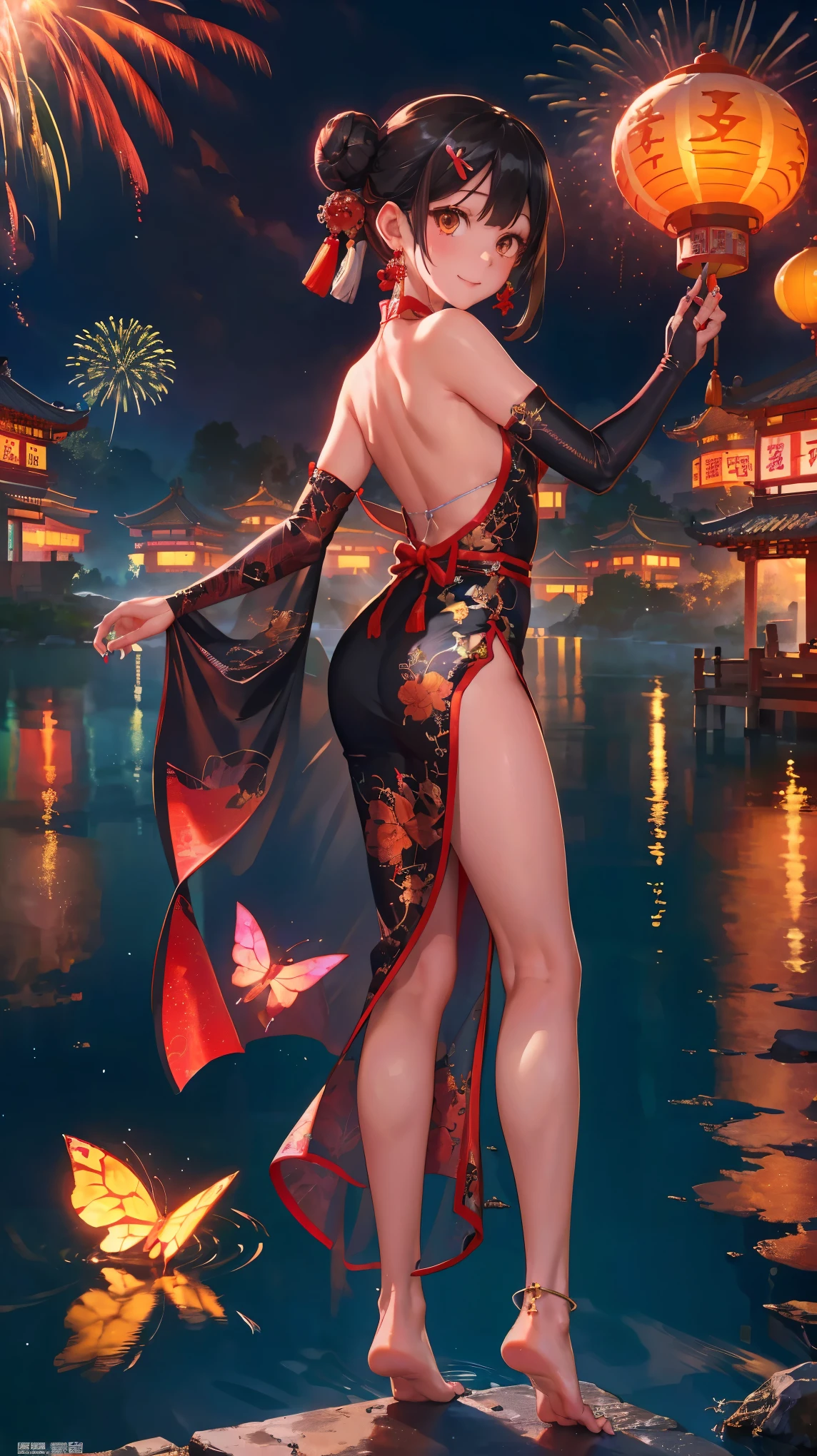 masterpiece,best quality,official art,extremely detailed CG unity 8k wallpaper, (wide shot),1girl, (Miyu Edelfelt),loli,black hair,brown eyes,seductive smile,nsfw, barefoot, see-through dress, butterfly, butterfly hair ornament, backless dress, chinese clothes,sleeveless, double bun,golden dragon print,bare foot,,elbow gloves,hair bun, hair ornament,jewelry,earrings,bead anklet,slim legs,nail polish, small breasts, solo, toenail polish, toenails, toes, twintails,outdoor,Chinese style architecture, Chinese style, lake, ancient town, beautiful and meticulous water,the red lantern,fireworks,