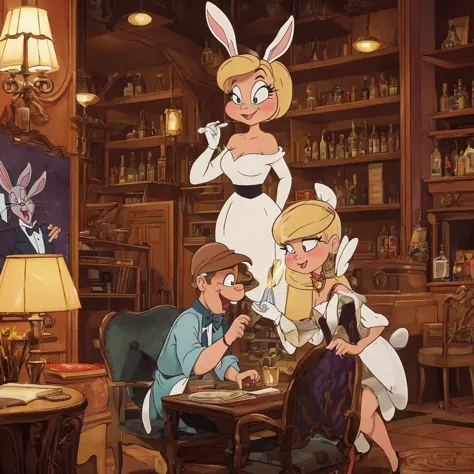 a comedic scene set in a 1920s speak easy where bugs bunny disguises himself as a blonde bar floozy to seduce a black-clad villa...