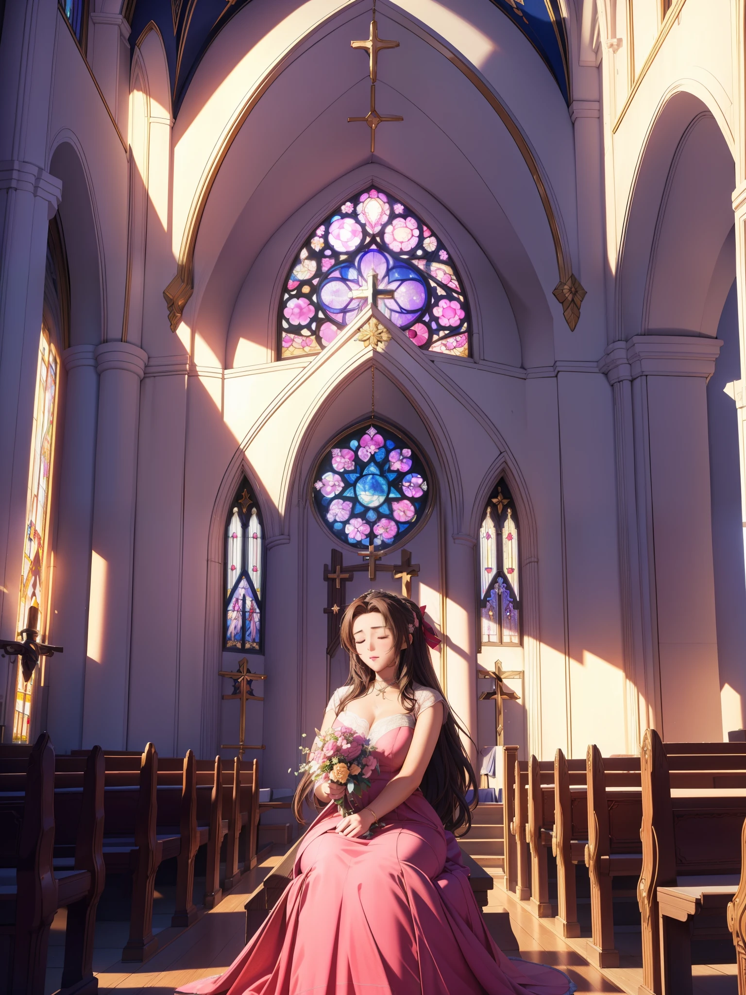 (highest quality,4k,8k,High resolution,masterpiece:1.2),super detailed,(realistic,photorealistic,photo-realistic:1.37),, Aerith Gainsbourg, choker, cropped jacket, hair ribbon, bracelet, pink dress, ((Inside the church, Sleeping quietly on one&#39;s back on the altar of a chapel)), Decorate your body with many beautiful flowers on the altar, In the funeral scene for Aerith who passed away.、Inside the church, Inside the chapel, stained glass window, The composition is bathed in light from the ceiling.,
