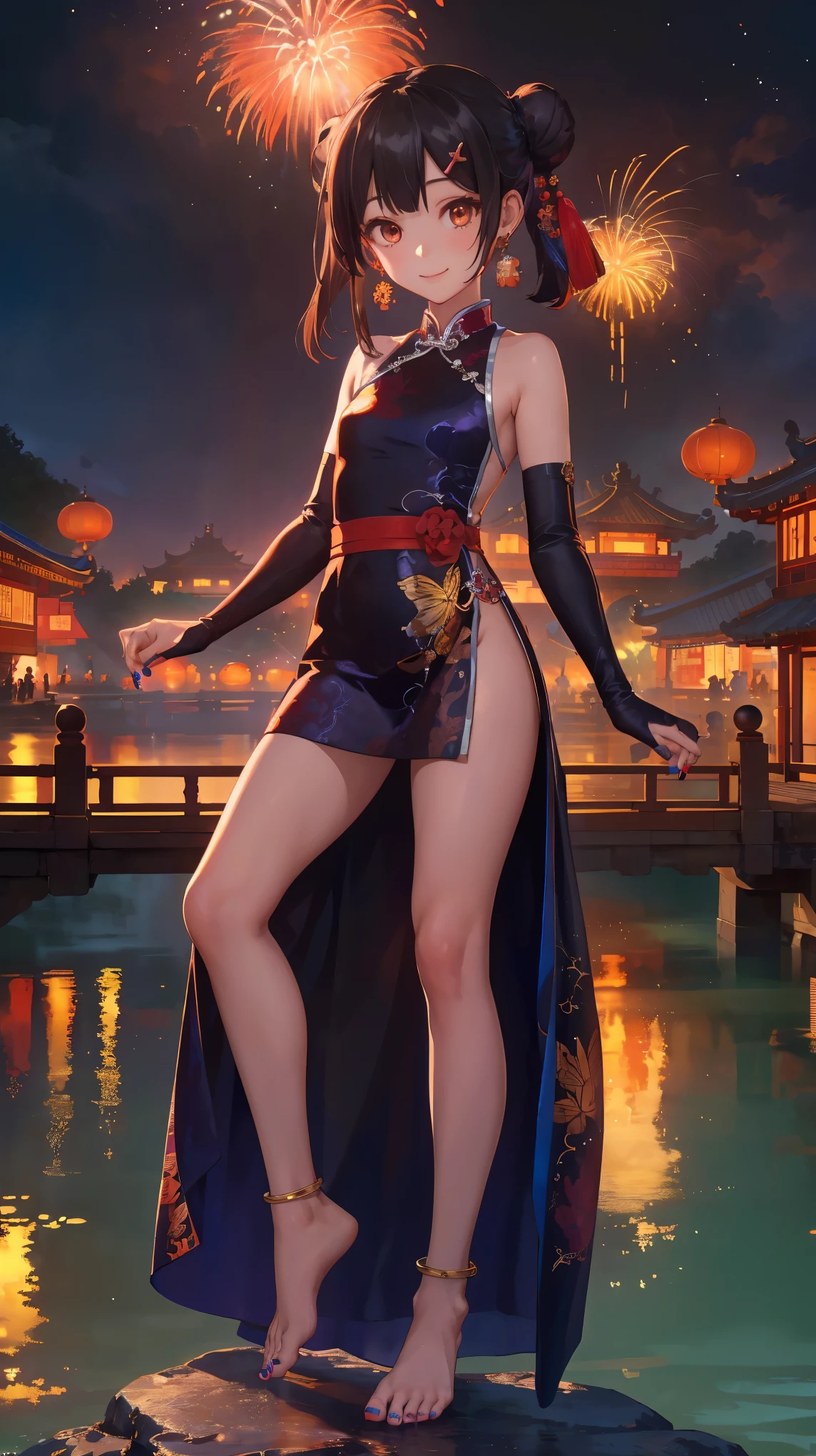 masterpiece,best quality,official art,extremely detailed CG unity 8k wallpaper, (wide shot),1girl, (Miyu Edelfelt),loli,black hair,brown eyes,seductive smile,nsfw, barefoot, see-through dress, butterfly, butterfly hair ornament, backless dress, chinese clothes,sleeveless, double bun,golden dragon print,bare foot,spread legs,elbow gloves,hair bun, hair ornament,jewelry,earrings,bead anklet,slim legs,nail polish, small breasts, solo, toenail polish, toenails, toes, twintails,outdoor,Chinese style architecture, Chinese style, lake, ancient town, beautiful and meticulous water,the red lantern,fireworks,