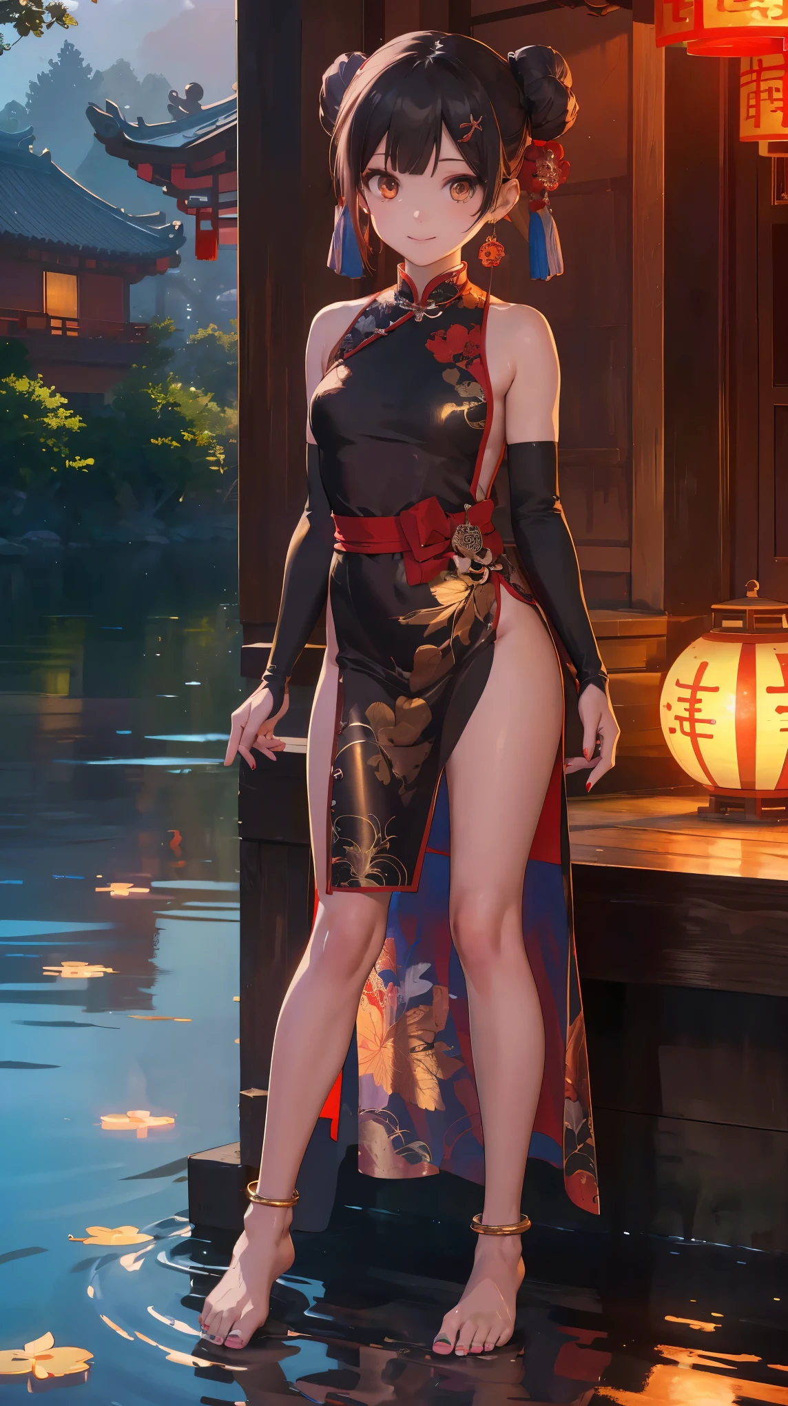 masterpiece,best quality,official art,extremely detailed CG unity 8k wallpaper, (wide shot),1girl, (Miyu Edelfelt),loli,black hair,brown eyes,seductive smile,(nsfw), barefoot, see-through dress, butterfly, butterfly hair ornament, backless dress, chinese clothes,sleeveless, double bun,golden dragon print,bare foot,spread legs,elbow gloves,hair bun, hair ornament,jewelry,earrings,bead anklet,slim legs,nail polish, small breasts, solo, toenail polish, toenails, toes, twintails,outdoor,Chinese style architecture, Chinese style, lake, ancient town, beautiful and meticulous water,the red lantern,fireworks,