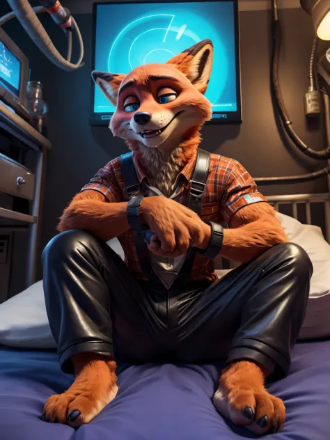 Barefoot furry character, full body, furry male.

Beefy, brawny, muscular, hypnotised Nick Wilde lying on bed in dark laboratory, strapped to the bed, wearing black leather shackles on his wrists and ankles, hypnotised, brainwashed, mind controled, droolin...
