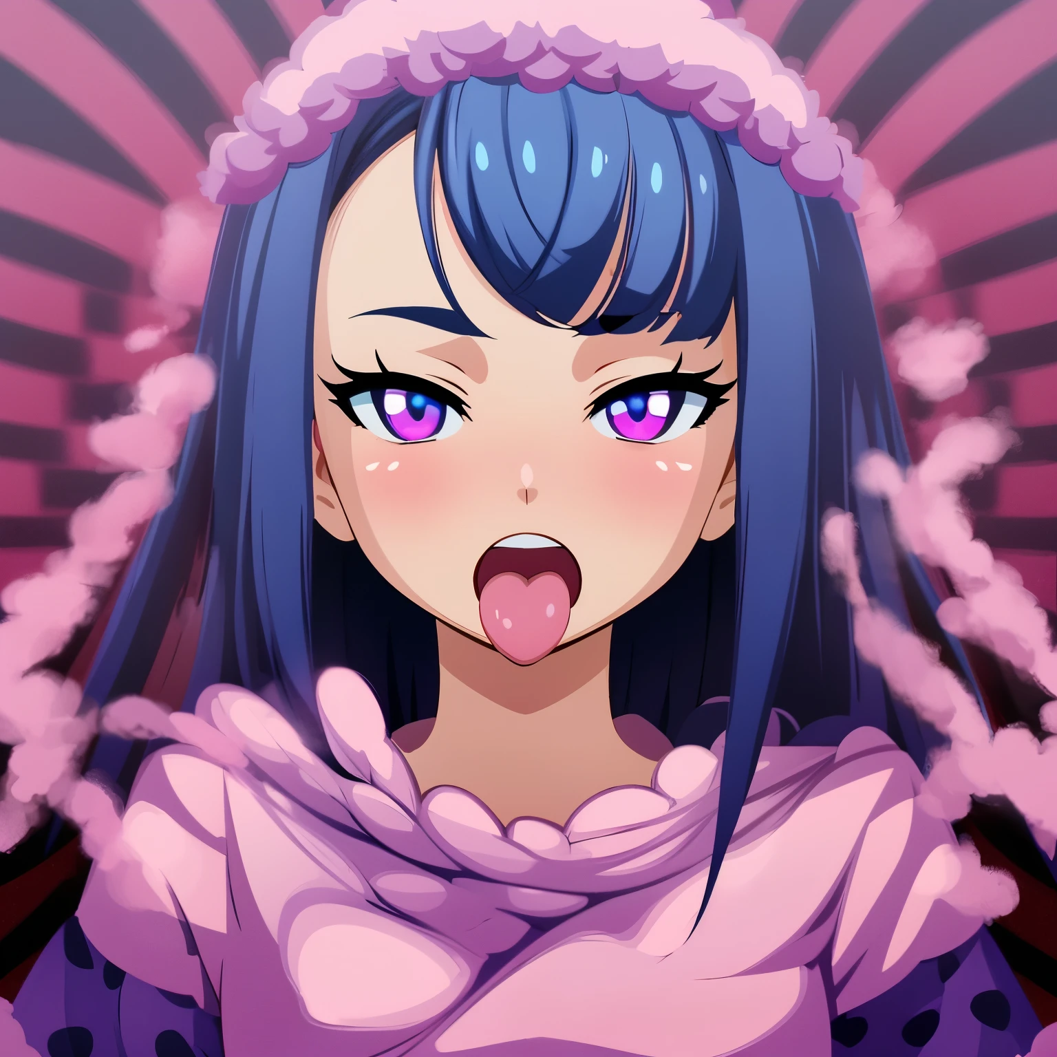 Anime girl with blue hair and pink eyes sticking out her tongue - SeaArt AI