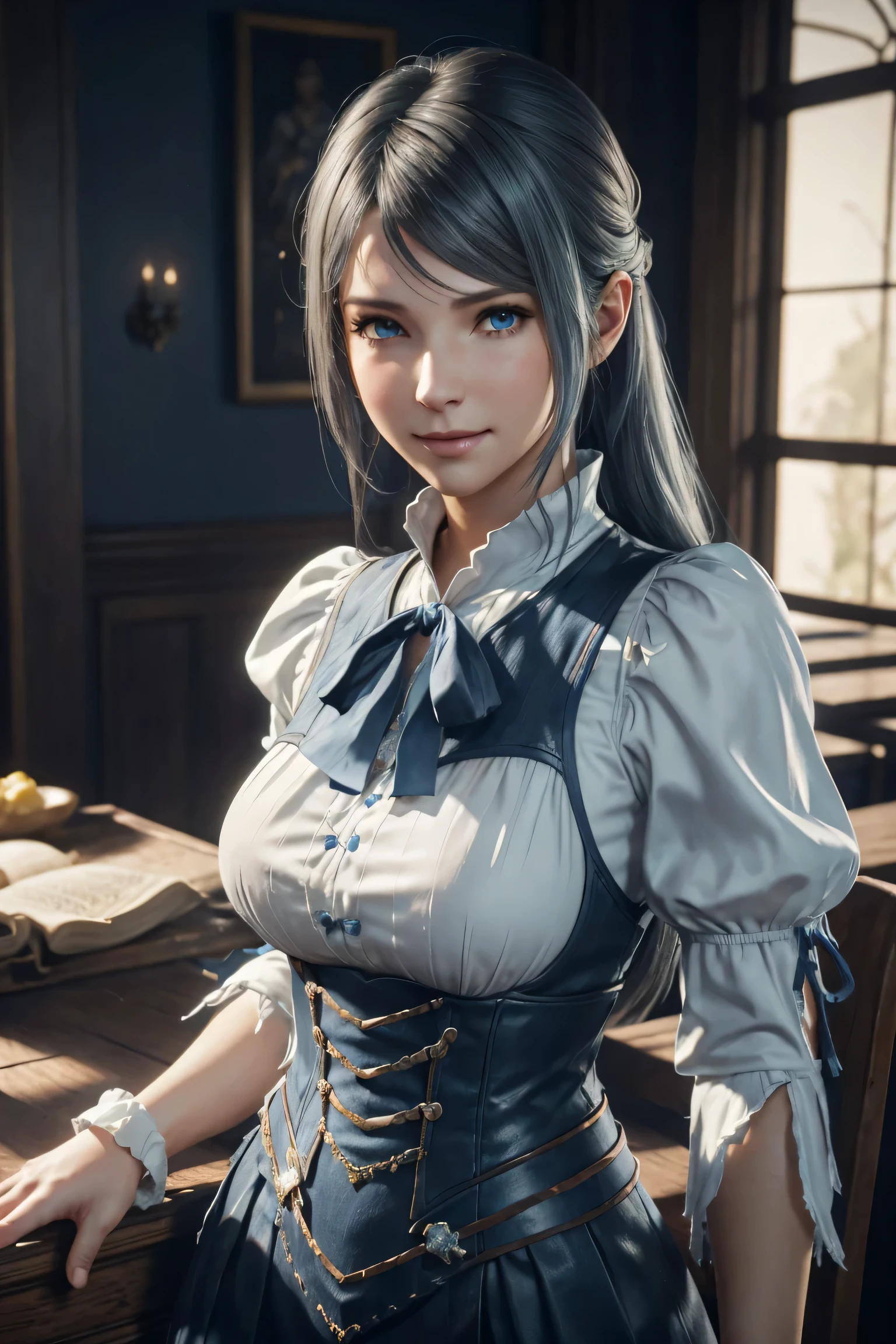 Jill Warrick,Final Fantasy 16,FF16,dark silver hair,long hair,Take down your bangs,beautiful blue eyes,white skin,white ruffle shirt,corn vest,blue ribbon around neck,super high quality,super high quality,masterpiece,digital single lens reflex,realistic,Detailed details,vivid details,depicted in detail,detailed face,Detailed details,Super detailed,realistic skin texture,based on anatomical basis,perfect anatomy,anatomically correct hand,anatomically correct fingers,Complex 3D rendering,sexy pose,beautiful tulip field,Final Fantasy Worldview,fantastic morning sun,Amazing blue sky,beauty like a painting,smile,