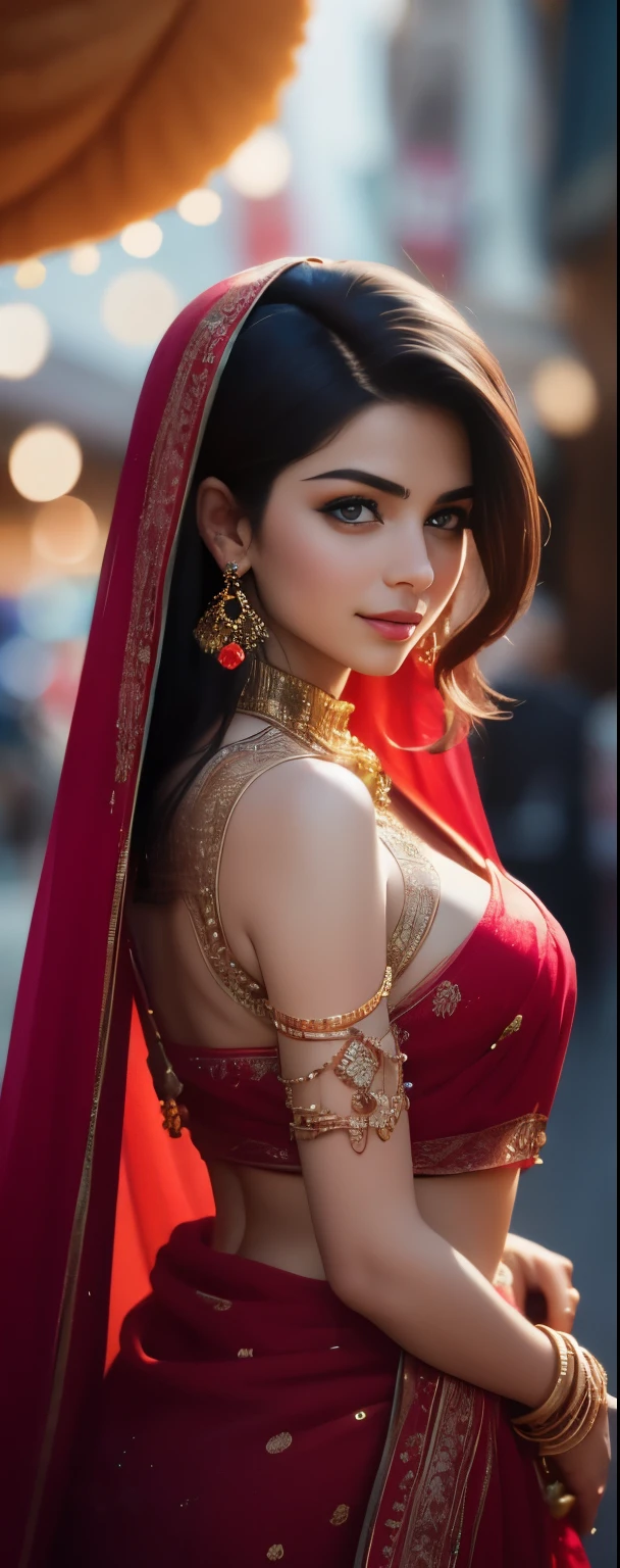 In the bustling streets of a vibrant Indian city, amidst the kaleidoscope of colors and scents, a woman (((Anne Hathaway: Selena Gomez:0.6))) clad in a vibrant red saree and a black blouse becomes an ethereal sight that captivates all who lay eyes upon her. (( huge smiling 0.3)) Her undeniable beauty transcends time and space, leaving onlookers spellbound.

Describe the scene as the woman, with her graceful presence, glides through a crowded marketplace, where merchants and shoppers pause to admire her radiance. The atmosphere is alive with whispers as her mesmerizing allure evokes a sense of awe and admiration.

Embark on a journey to reveal the woman’s story—her name, her background, her passions—and the reasons behind her choice of attire. Explore her persona, intertwining elements of mystery and allure, as people speculate on the secrets hiding behind her enchanting gaze.

Incorporate the sights, sounds, and emotions that surround this extraordinary woman, as she navigates through the city’s vibrant tapestry. Whether it be the scent of freshly ground spices, the distant sound of temple bells, or the intricate henna designs adorning her hands, immerse the reader in the sensory experience of this captivating moment.

As the story unfolds, her path intertwines with that of a curious photographer who becomes determined to capture her undeniable beauty in a single photograph. Describe their encounters, the photographer’s attempts to understand her story, and the profound impact this woman’s presence has on his own life.(Blur Background:1.6), (Blue Hue:0.8), (Auto focus:1.4)