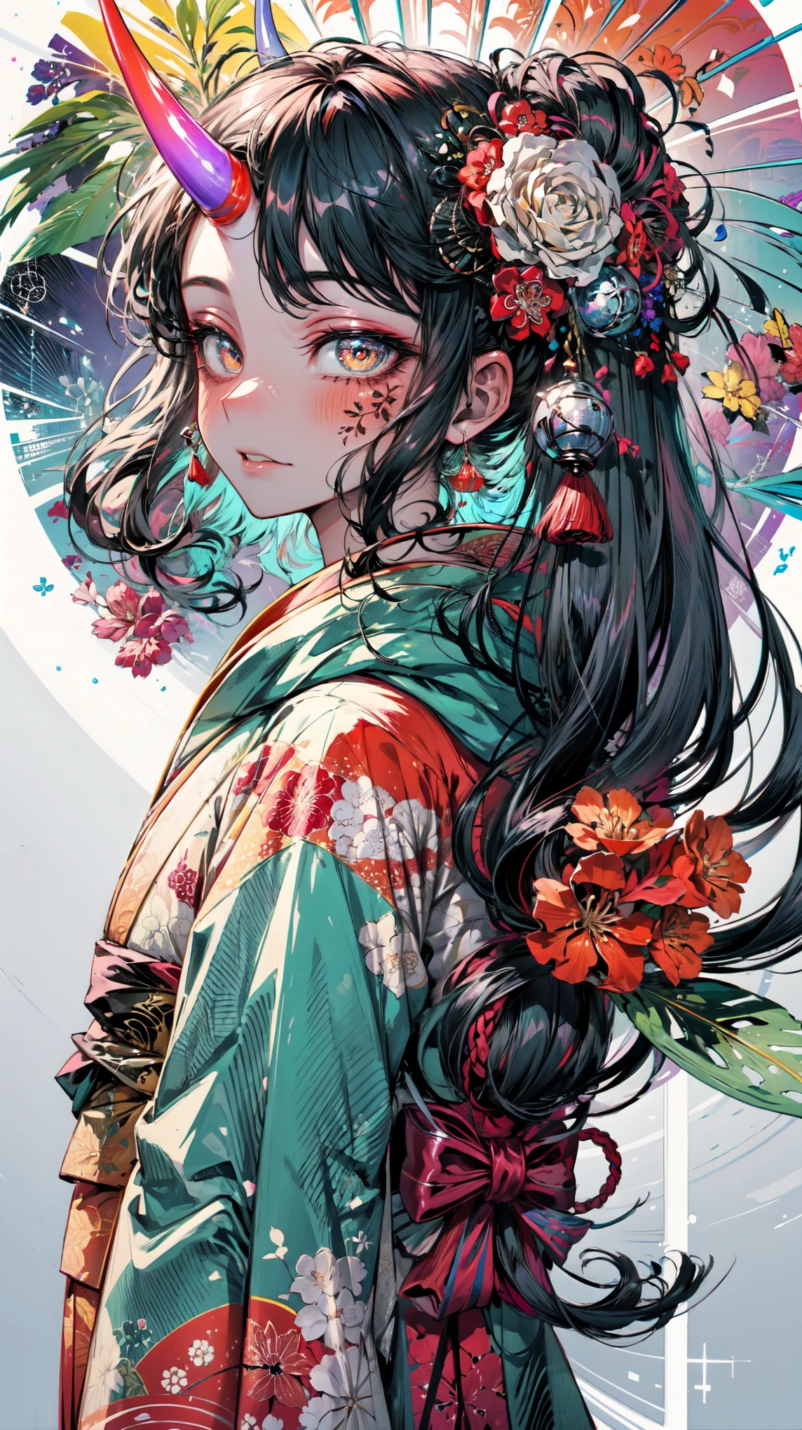 best quality,masterpiece,intricate details:1.2,beautiful face,ukiyoe,1girl,a girl in patterned kimono,look at viewer:1.3,face tattoo:1.2,small oni horn