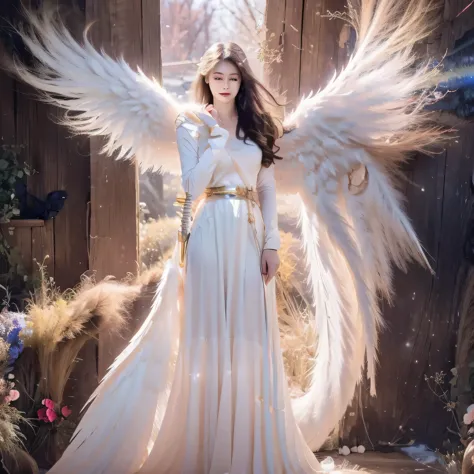 Cartoon image of woman holding sword and wings，angelic，Goddess of Light, angel knight girl，archangel, mystical valkyrie，Seraphim, dawn light angel，anime women，beautiful eyes，8k，best quality