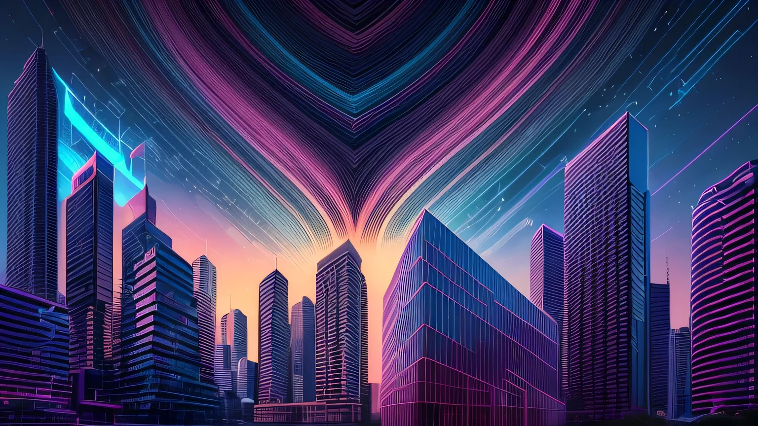 [obra de arte], Uma arte abstrata de cidade extraterrestre, inspirado no design de camisetas, com qualidade 32k, com estilo surrealista, feito com cores Neon coloridas, Capturado por câmera DSLR, num quadro total e centralizado, with maximum detail and a wide view of the obra de arte.