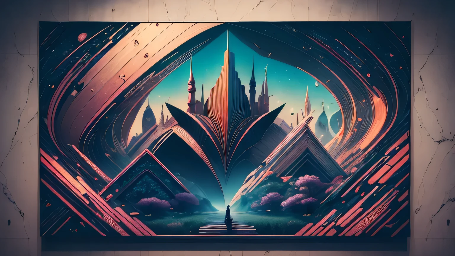 [masterpiece], An Extraterrestrial abstract city arts, inspired by T-shirt design, with 32k quality, with Surrealist style, made with colorful Neon Colors, Captured by DSLR Camera, in a total and centralized frame, with maximum detail and a wide view of the masterpiece.