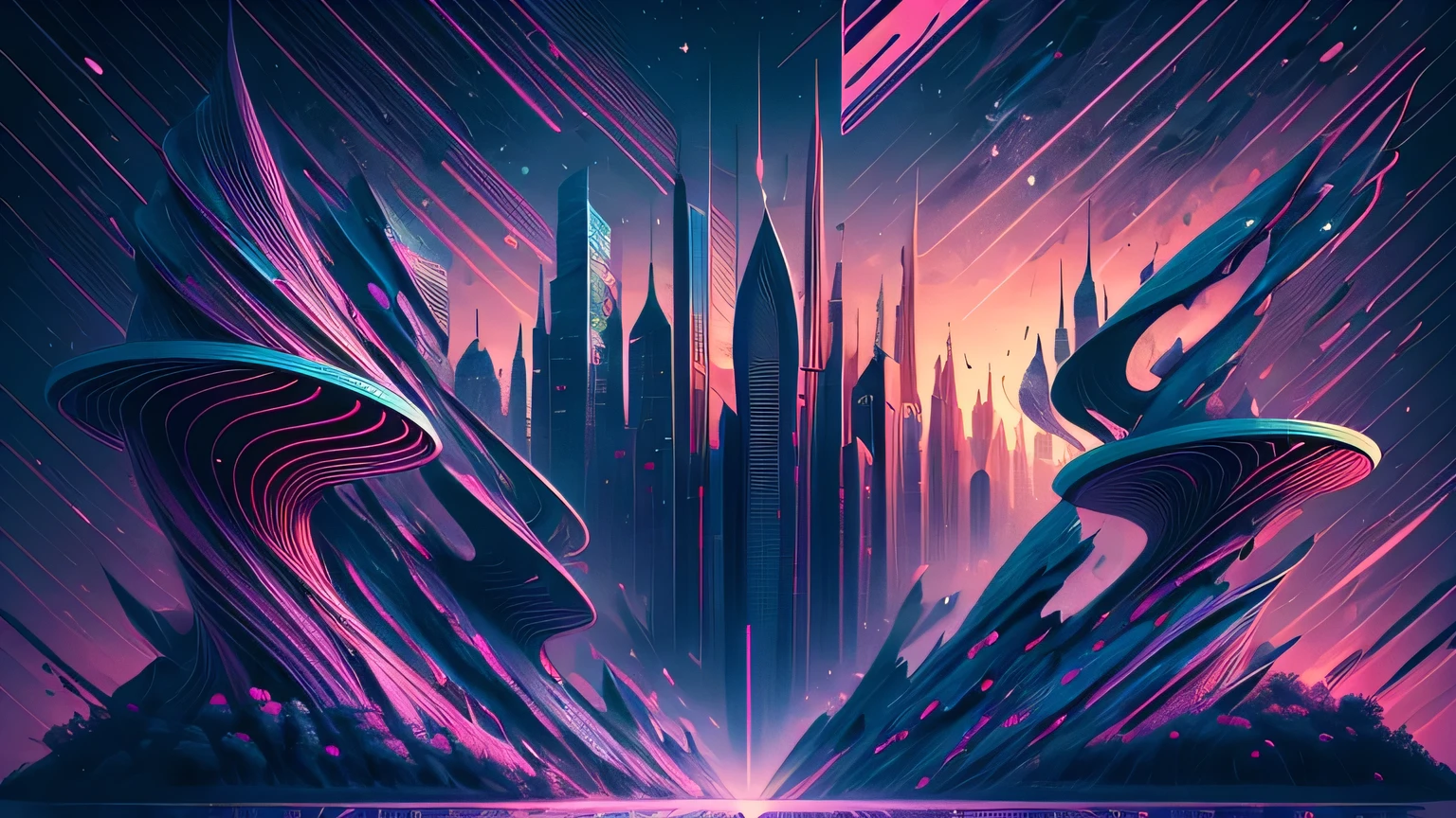 [obra de arte], Uma arte abstrata de cidade extraterrestre, inspirado no design de camisetas, com qualidade 32k, com estilo surrealista, feito com cores Neon coloridas, Capturado por câmera DSLR, num quadro total e centralizado, with maximum detail and a wide view of the obra de arte.