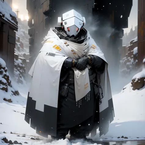very thick robot, very large legs, in the mountains, very heavy snowfall, lots of snow, sunset, wearing white cloaks, in a futur...