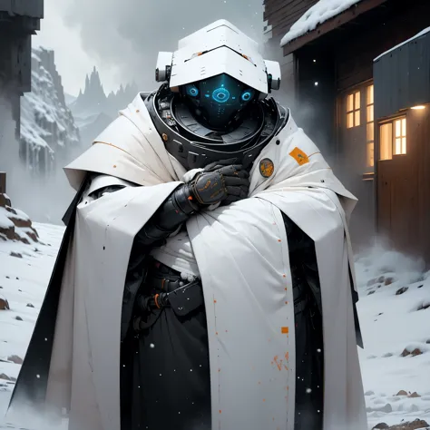 very thick robot, very large legs, in the mountains, very heavy snowfall, lots of snow, sunset, wearing white cloaks, in a futur...
