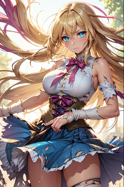 (High quality, High resolution, Fine detail), (Magical girl), (tattered and torn clothes:1.3), flowing long hair, ripped sleeves and torn skirt fluttering in the wind, ribbons of light, fantastical energy, color palette is vibrant, solo, curvy women, blond...