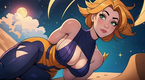 1 girl, ig model, taimanin, ninja, igawa asagi, asagi, bodysuit, action pose, blonde hair, green eyes, lewd face, sexy, cleavage, armpits, large breasts, wide hips, thick thighs, muscles, abs, realistic, ray traced, desert, sand, night, stars, moon, clouds