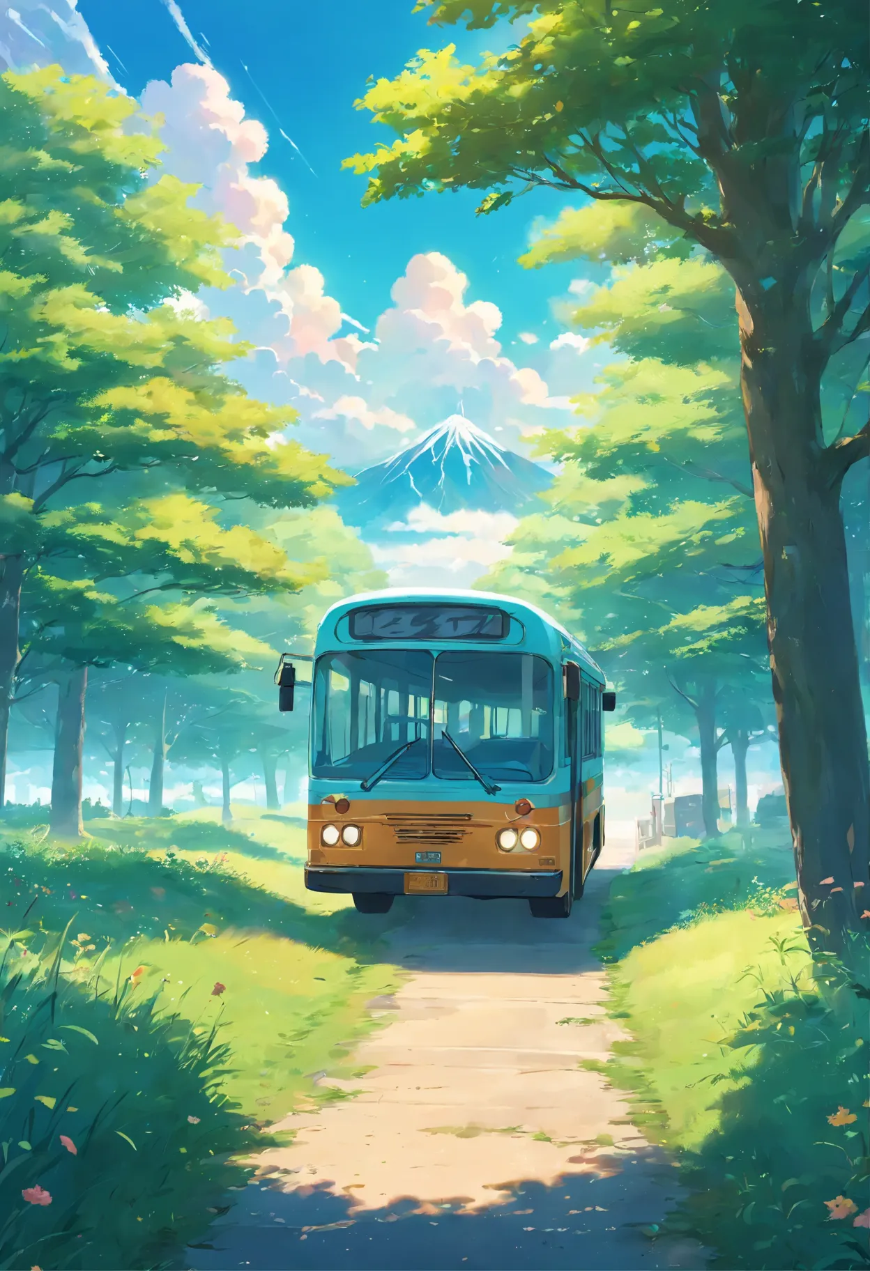 there is a 80's old bus that is going down in the field, anime countryside landscape, made of tree and fantasy valley, scenery art detailed, beautifull puffy clouds. anime, detailed scenery —width 672, anime landscape wallpaper, anime landscape, studio ghi...