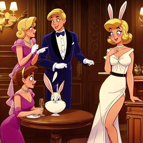 a comedic scene set in a 1920s speak easy where bugs bunny disguises himself as a blonde bar floozy to seduce a black-clad villa...