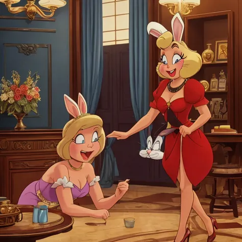 a comedic scene set in a 1920s speak easy where bugs bunny disguises himself as a blonde bar floozy to seduce a black-clad villa...