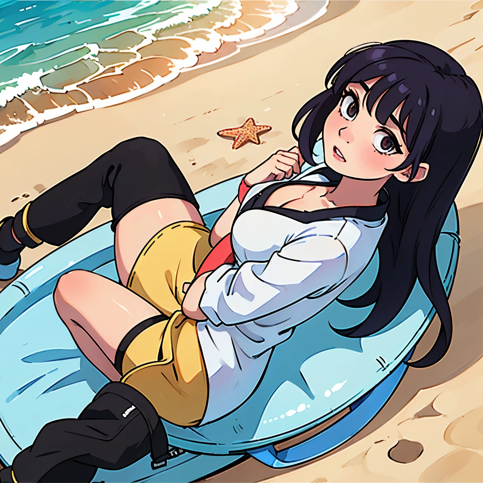 Anime girl laying on a beach with a starfish in her hand - SeaArt AI