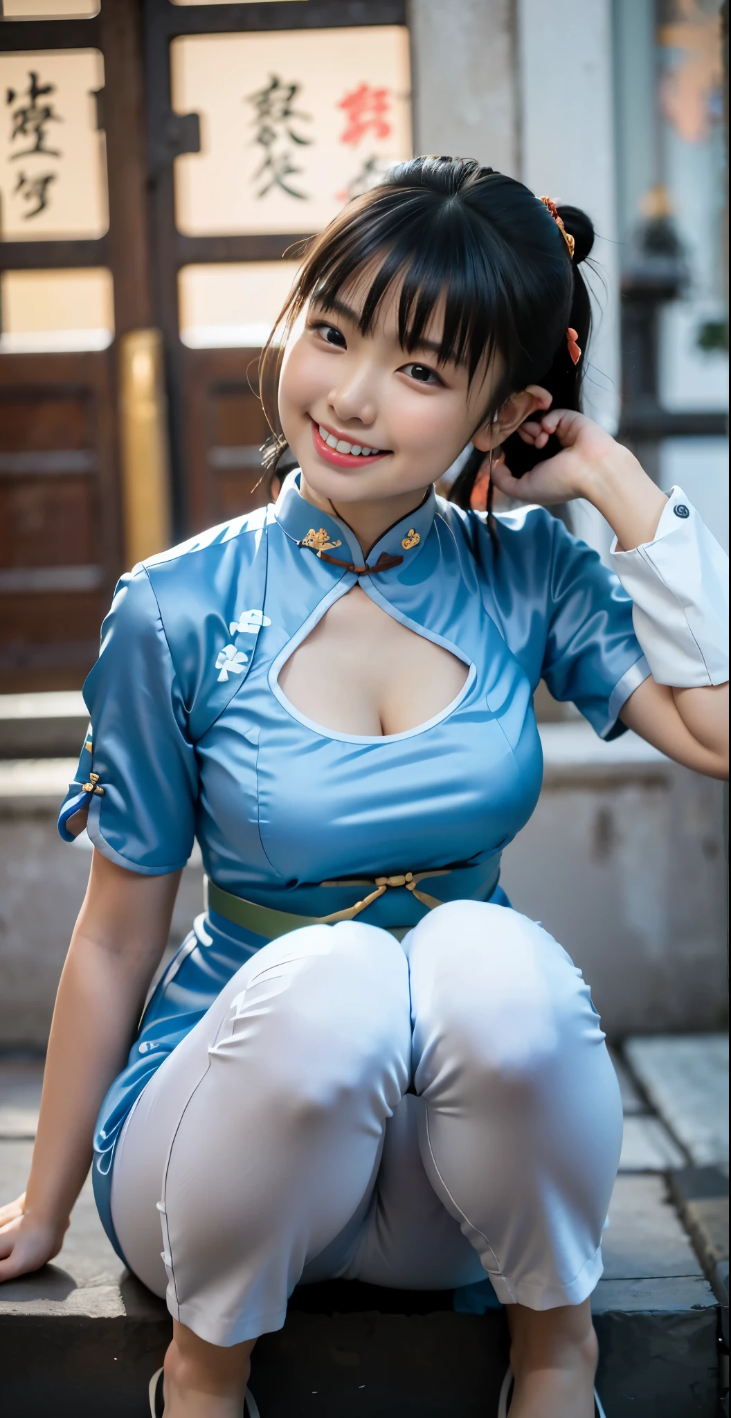 （8k、Raw photography、highest quality、masterpiece：1.2),(black hair:1.7),(beautiful girl:1.4),show viewer,Looking at the front,erotic,白いskin,(Street Fighter Chun-Li 、wearing a blue cheongsam:1.6)、(Clothing that emphasizes the shape of your chest、publish one&#39;skin:1.5)、(big breasts :1.4)、slim body shape、ultra high resolution,beautiful,beautiful fece,(alone, no background:1.9),whole bodyボディー,(cute japanese woman:1.6),（Photoreal：1.37）、photon mapping,reality、(Baby-faced and cute: 1.8)、(cute smile: 1.7)、(With a round face: 1.9)、radio city、Physically based rendering、depth of field rally background、photograph, (I can see your knees,close up of thighs、Very short cheongsam、I can see white pants:1.6),whole body、super fine