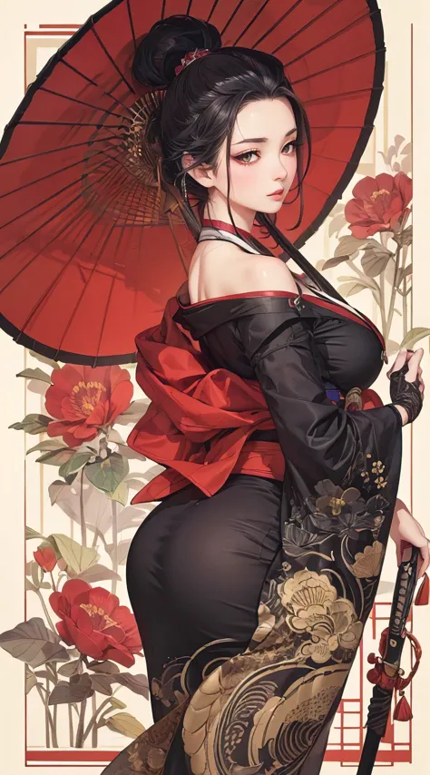 (masterpiece, best quality, photorealistic, ultra-detailed), female secret agent, edo period, perfect body, wide hips, femme fatale, perfect illustration, gorgeous eyes, full lips