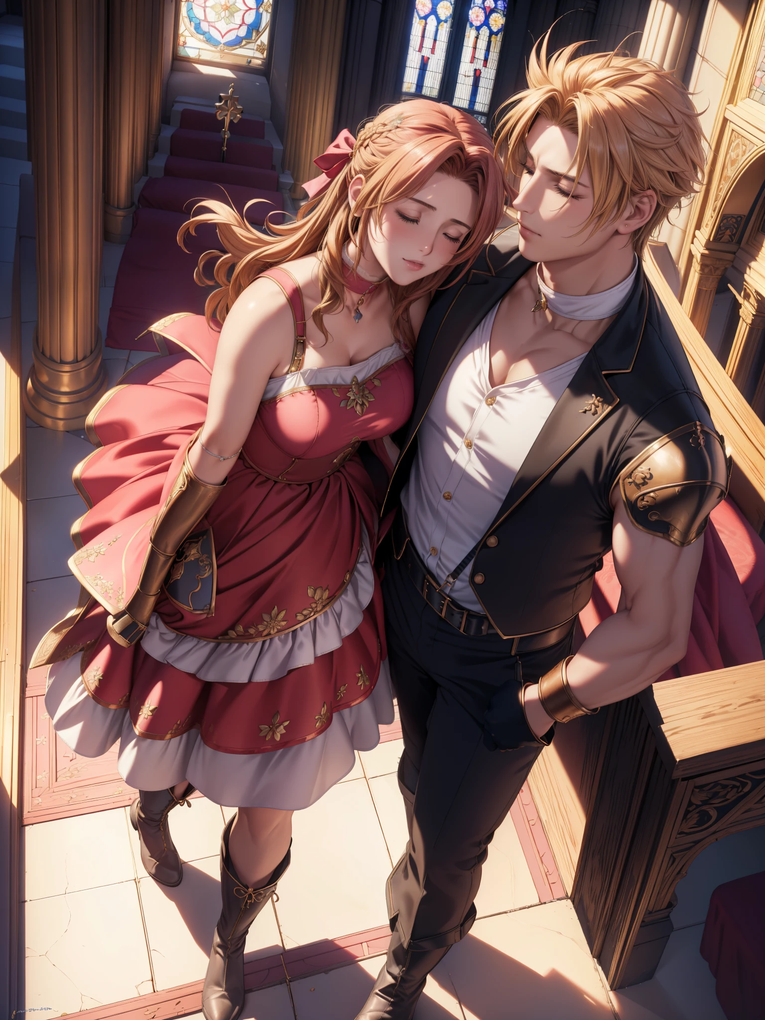 (highest quality,4K,8K,High resolution,masterpiece:1.2),super detailed,(realistic,photorealistic,photo-realistic:1.37),((1.woman, 1.man)), ((aerith gainsbourg copper hair:1.1, choker, red cropped jacket, hair ribbon, bracelet, pink dress)), ((Woman Inside the church, Quiet sleeping position on your back, wear a costume decorated with flowers)), ((princess carry:1.2)), Like a woman being held like a princess by a man., ((cloud strife blonde hair:1.2, shoulder armor, sleeveless turtleneck, suspenders, belt, baggy pants, gloves, braces, boots, standing looking at a woman)), ((Man holding a woman)), In the funeral scene for a deceased woman、Inside the church, Inside the chapel, stained glass window, The composition is bathed in light from the ceiling., A composition that looks at the two from above