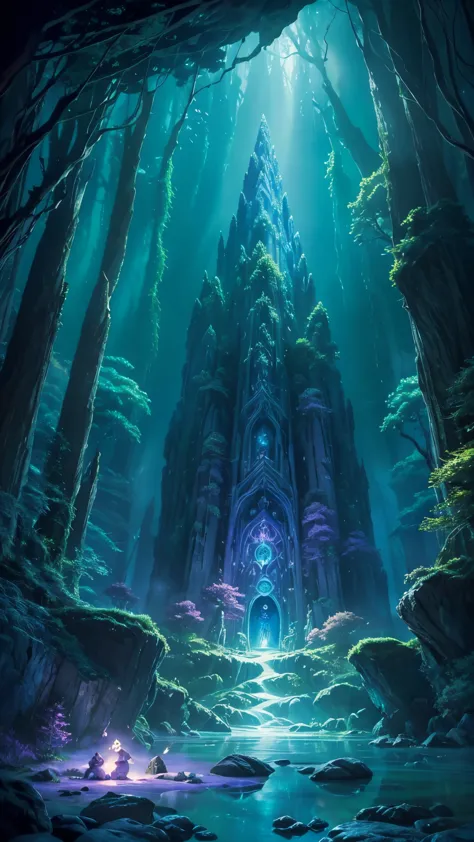 Create an enchanting image of a magical cave in a fantasy world, illuminated by ethereal green crystals that cast a mesmerizing ...