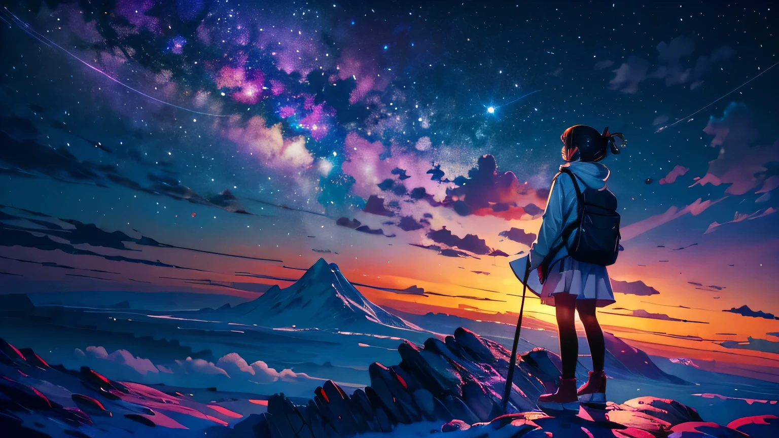 A girl standing on top of a mountain looking at the stars - SeaArt AI