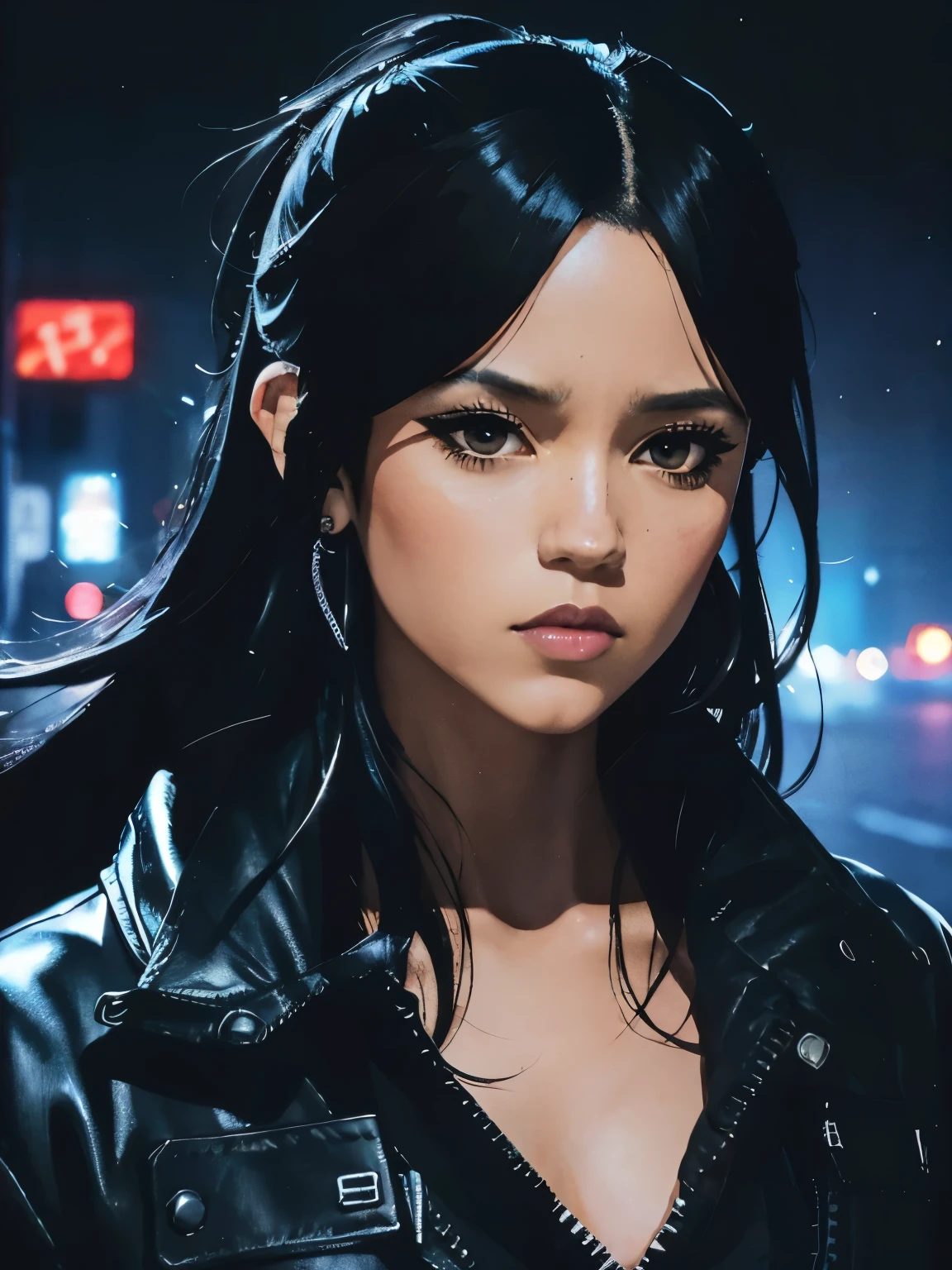 beautiful manga illustration, style of Yoji Shinkawa, Jen_na, long black hair, fire eyes, wearing a black coverall, unzipped on her chest, walking in a dark street during the night, night city lights, ink and watercolor, realist, high resolution, 8k