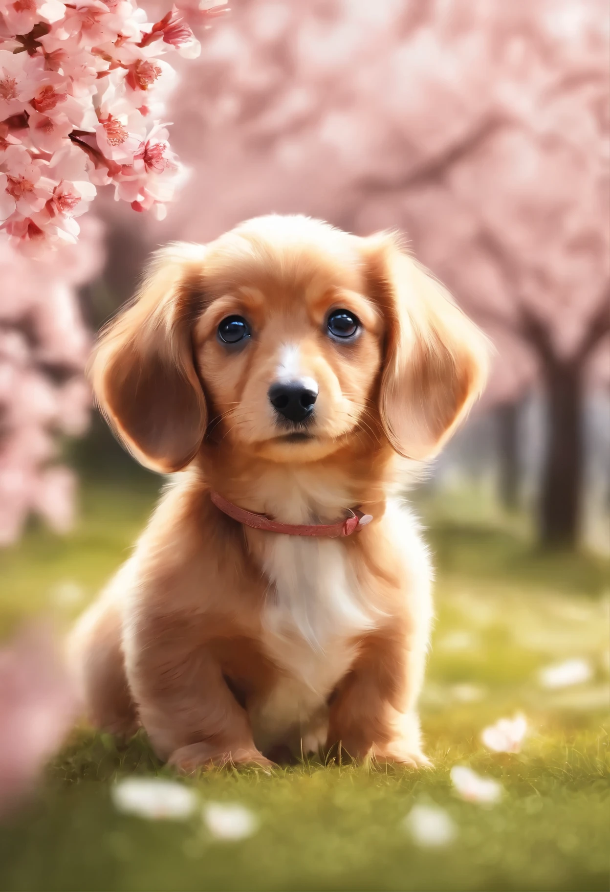 There is a dog that is sitting in the grass with a cherry tree in the  background - SeaArt AI