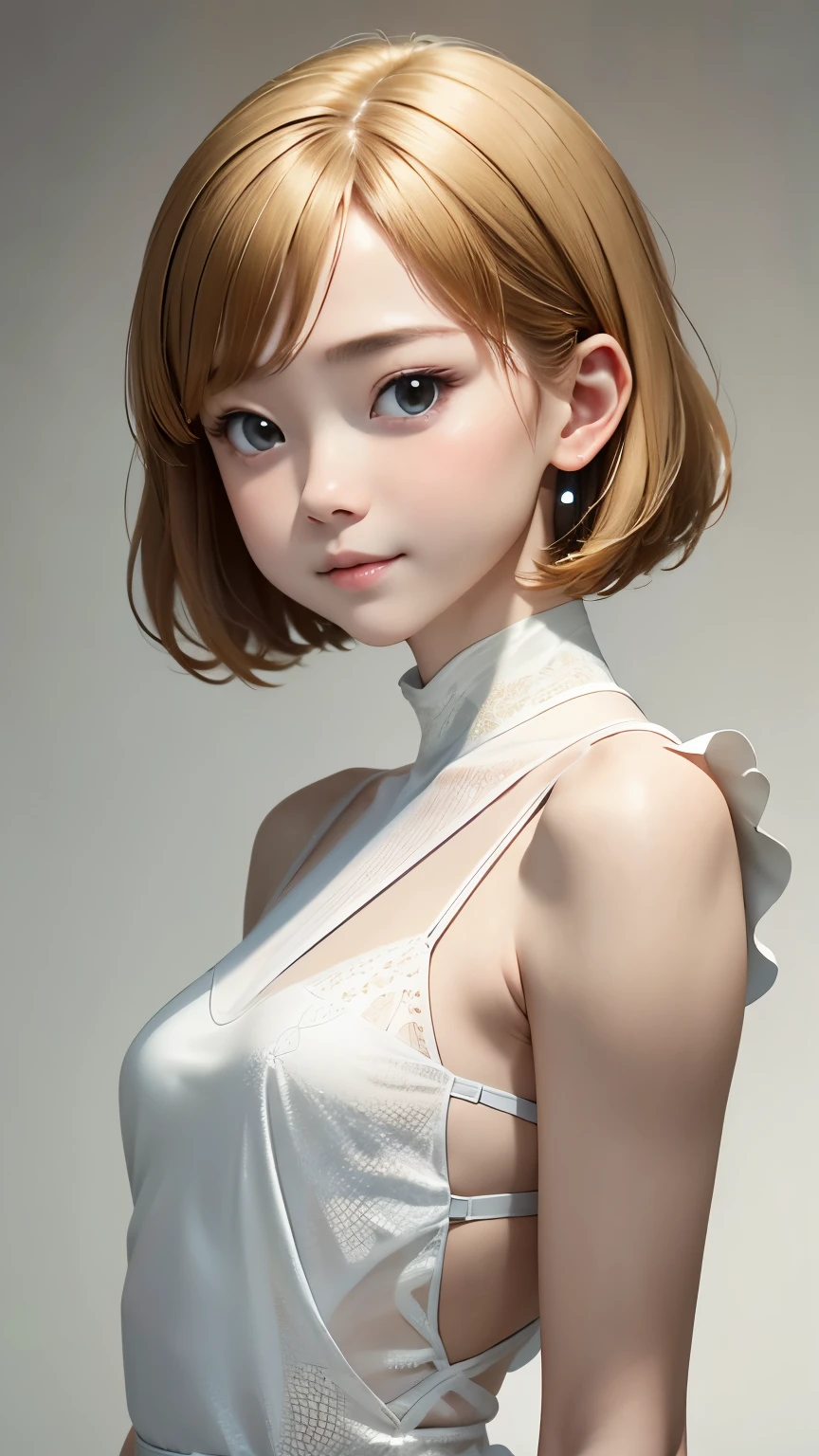 anatomy、realistic depiction of the human body、one woman、１６talent、very cute face、baby face、beige hair、unique short bob、small breasts、transparent skin、Immersive depiction、Also々new expression、realism、upper body angle、focus on the face、white elegant dress、blurred background、highest quality、ultra high resolution、best image quality、masterpiece、digital art、digital portrait、perfect lighting、professional photographer