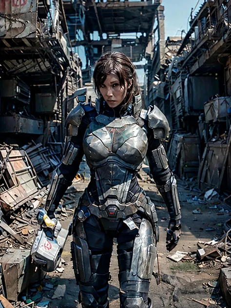A female vanguard wearing robotic armor,  on post apocalyptic cyberpunk battlefield, cinematic background. 