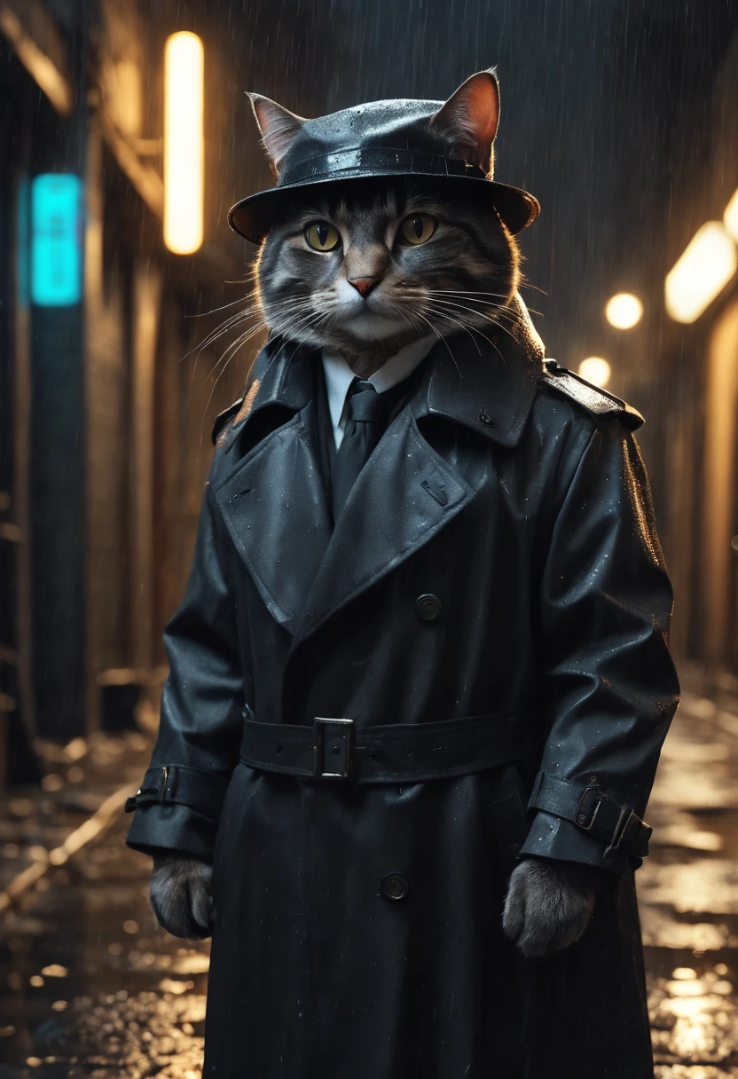 Hohe Auflösung, gute Qualität, Meisterwerk.Anthropomorphe Katze mit Trenchcoat und Hut, schwarzer Stil, dunkel in einer Gasse, Kinotic light, viele Details, realistisch, 4k, Kino, Epos, Regen, Neon-Ambiente, abstraktes schwarzes Öl, Getriebe-Mecha, detailliertes Acryl, grunge, komplizierte Komplexität, in der Unreal Engine gerendert, photorealistisch Hyperdetalization. Hyperrealismus. dramatisches Licht. 