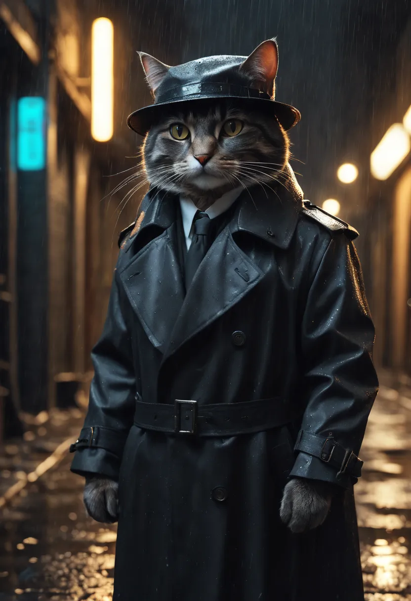 High Resolution, High Quality, Masterpiece.Anthropomorphic cat dressed in a trench coat and hat, Noir style, dark in an alley, c...