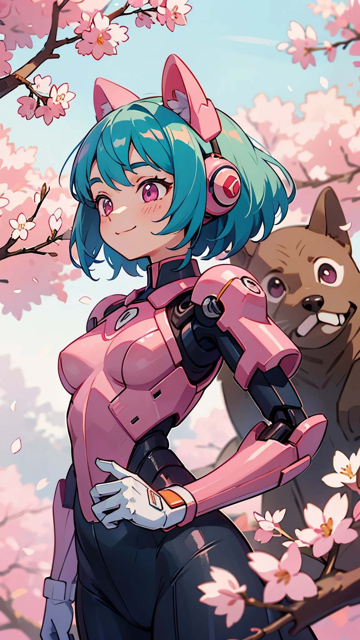 (highest quality、Extra fine、real)、Genki Girl、small breasts、Bodysuits that fit the body、cybernetic body parts、light blue hair、dog ears、pink eyes、From the side、gloves、bright smile、stand in front of a cherry tree、upper body close-up、cherry blossom park、sharp outline