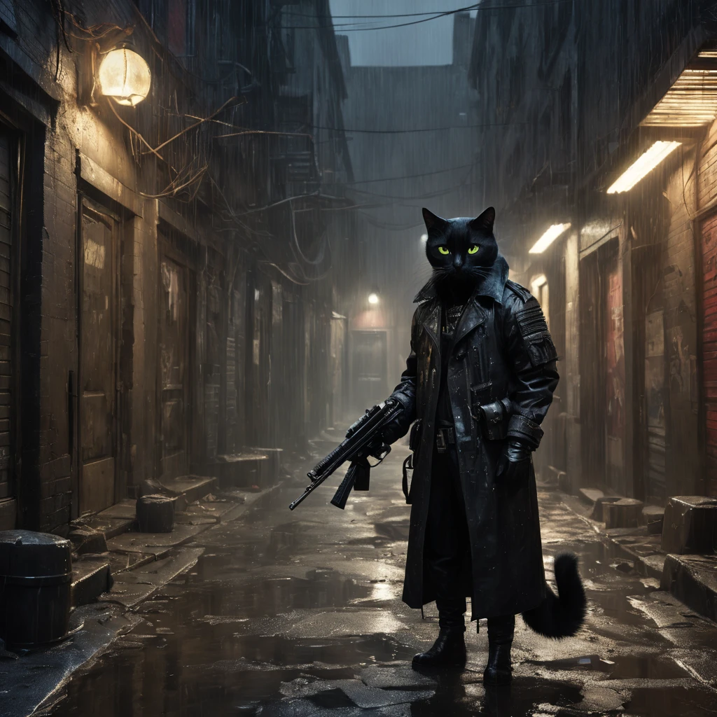 representação ao estilo Noir de um gato preto com características demoníacas e uniforme militar empunhando uma metralhadora, patrulhando um beco abandonado, iluminação cinematográfica acentuando o ambiente encharcado de chuva e a atmosfera iluminada por neon, encapsulado em texturas abstratas de óleo preto, equipado com engrenagens mecânicas intrincadas, efeito dramático de claro-escuro, essência de pintura a óleo fotorrealista, reminiscente das obras de Rafael, Caravaggio, Greg Rutkowski, Besouro, Beksinski, e Giger, detalhe ultrafino.Renderizado no Unreal Engine, Hiperdetalização photoRealistic. hiperrealismo. Luz dramática