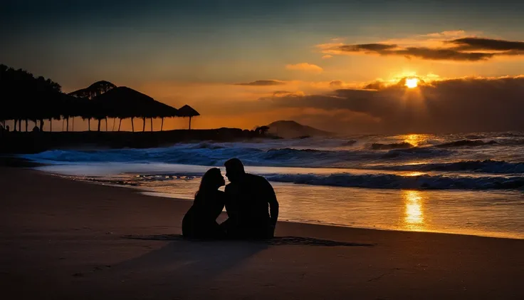 Black Silhouette of romantic couple making love on the beach - SeaArt AI