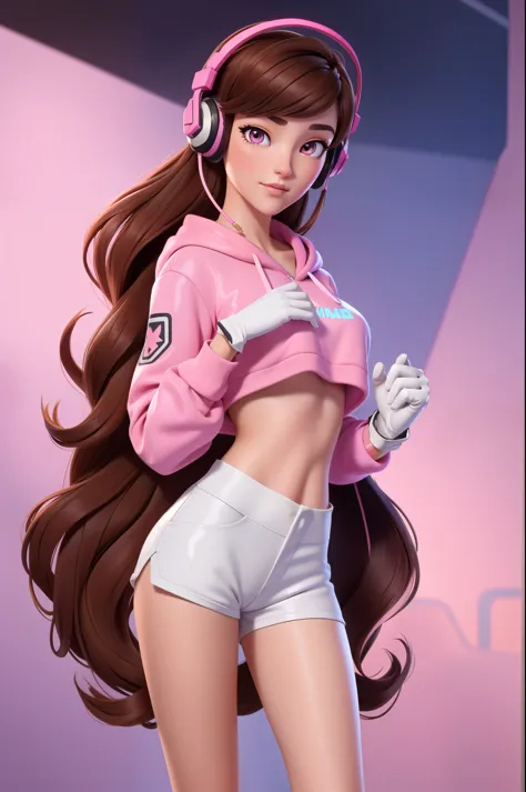 masterpiece, best quality, high resolution, 1girl, ultra high resolution, solo d.va, headphones, pink eyes, brown hair, white gl...