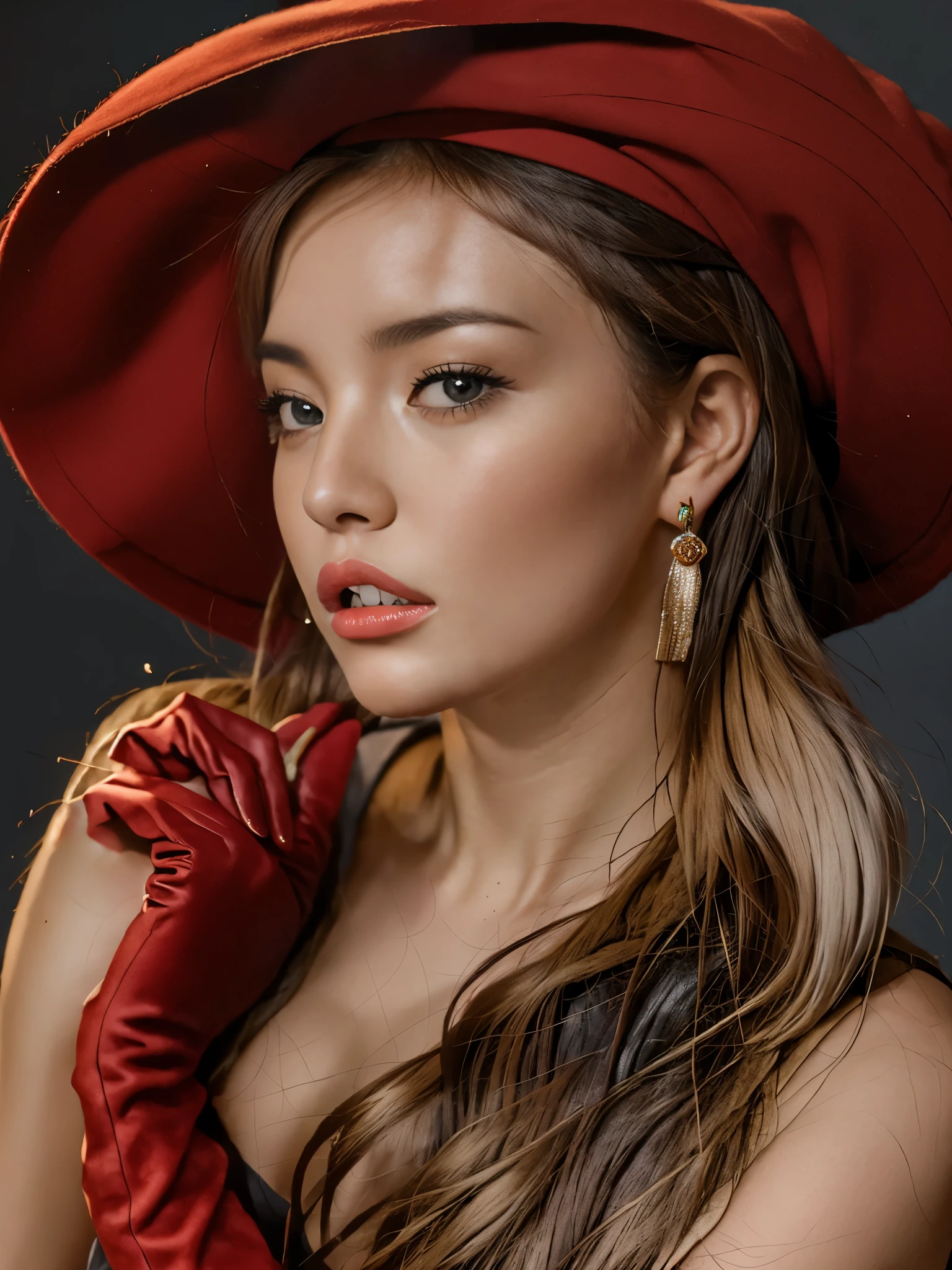 a close up of a woman wearing a Red Hat and gloves, Portrait of Sophie Mudd, Yelena Belova, Red Hat, style of Yulia Razumova, Anna Nikonova, aka newmilky, forward, continue, Angelina Stroganova, anastasia ovchinnikova, inspired by Nina Petrovna valetova, Sydney Sweeney, beauty, jaw-dropping