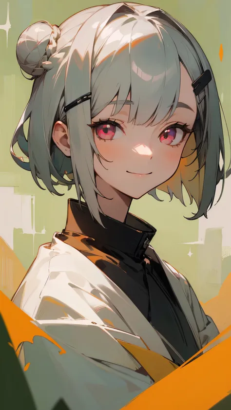 single portrait、girl、smile、impression、(oil)、green and orange tones、short silver bob hair in a bun with a hair clip、pink eyes