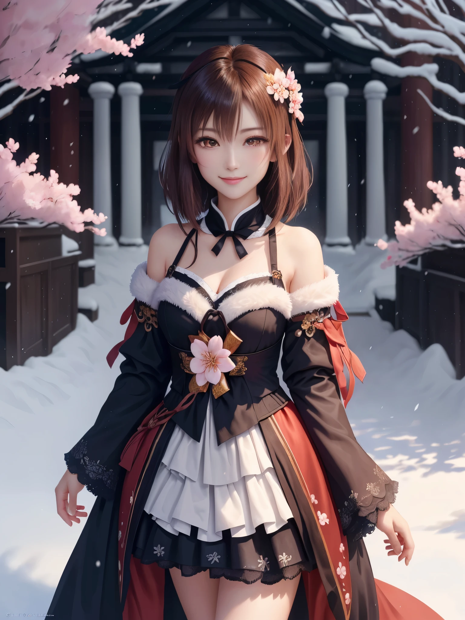 masterpiece , best quality,smile,smile,small face,the whole body is facing forward,shoulder exposure,cleavage exposure,bright brown hair,slender body shape,brown eyes,sharp contrast,short hair,Beautiful short hair,just one person,precision quality,Faithfully reproduced eyes, Cherry blossom background,snow scene,masterpiece, Fantastic cherry blossom background,night,Night background,cherry blossom background,beautiful details, colorful, delicate details, delicate lips, intricate details, genuine, ultrargenuineista, Girl with multicolored haired fox sitting on a branch:Mature, bright eyes, ,Colorful Fox, raposa de nine tails, Three tails Fox, Three tails Fox, onmyoji detail art, beautiful fine art illustration, mythical creatures, Fox, beautiful digital art,shrine maiden,hold hands,exquisite digital illustration, mizutsune, Inspired by mythical wild web creatures, pixiv in digital art, shining light, high contrast, Mysterious,