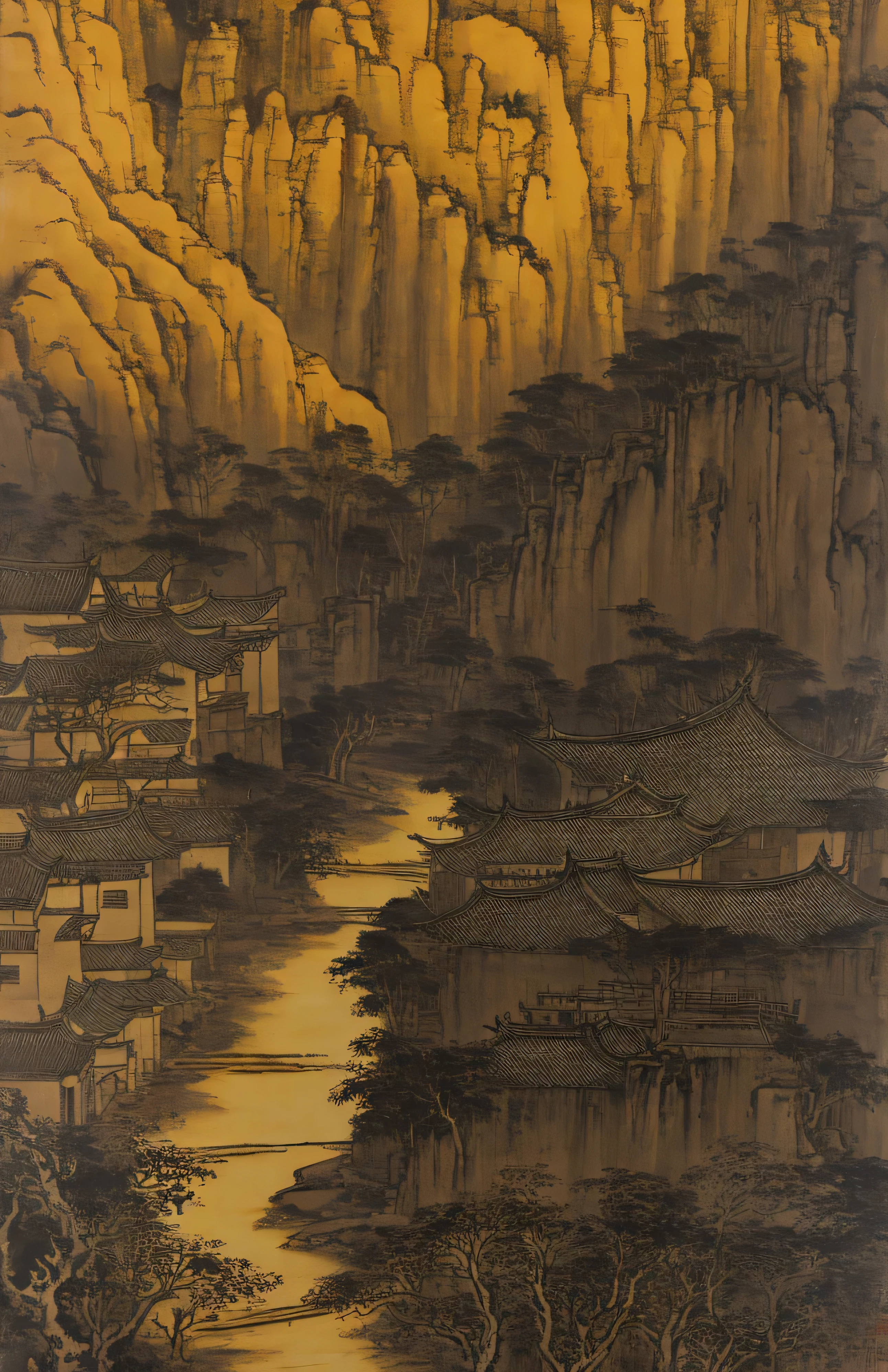 Pequeño pueblo con vistas al arroyo., El estilo está influenciado por el arte chino antiguo, amarillo claro y negro claro, pintura china, Pintura en tinta, Bada Shanren, Xu Wei, shi tao, arquitectura organica, senderismo, naturalismo terroso