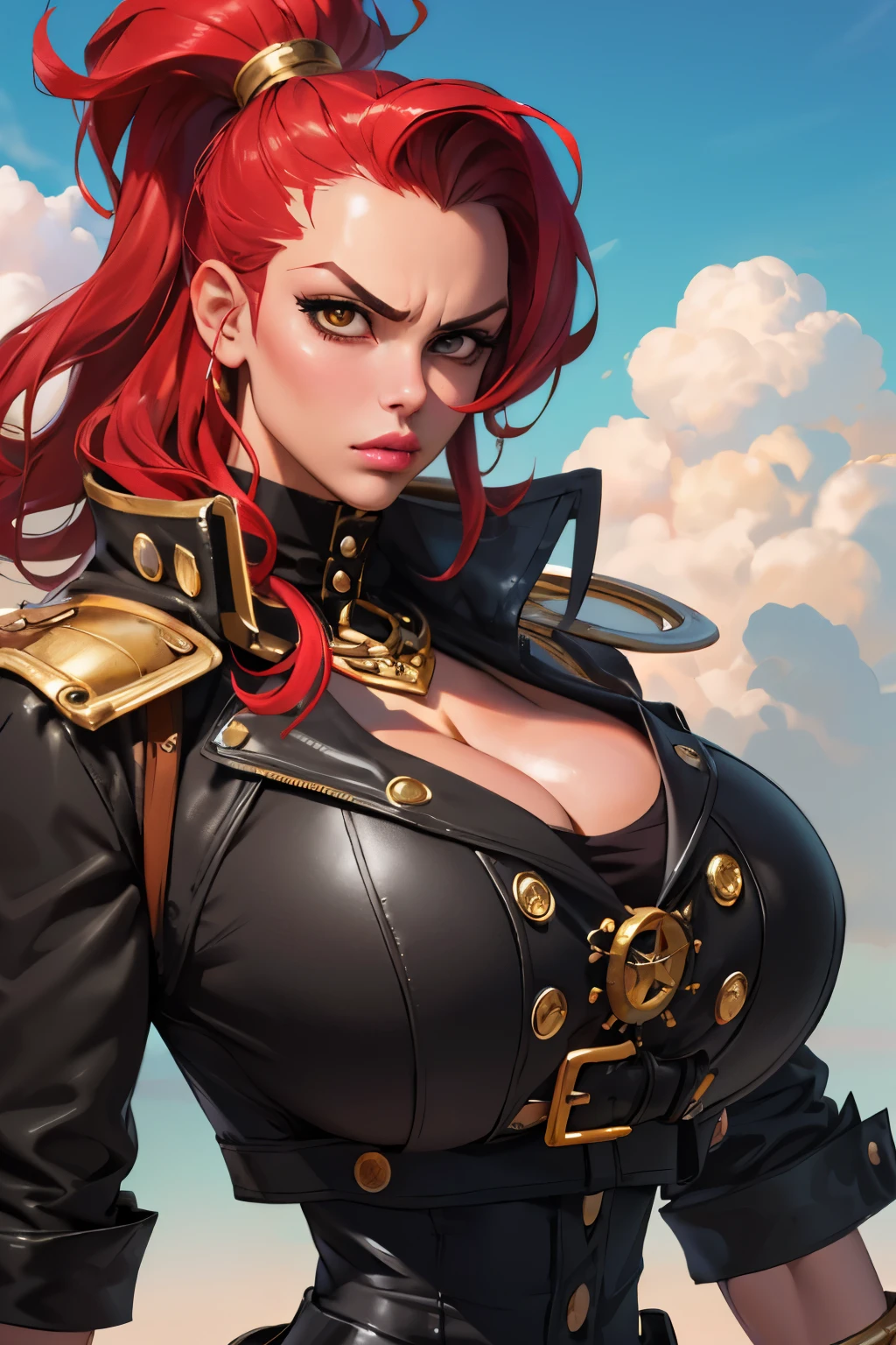 Girl with wavy red hair and rebellious, ((hair slicked back)), (angry eyes), ((dark circles around eyes)), golden eyes and tanned skin, Steampunk pirate style clothes, (gigantic breasts), background with clouds, realistic manhwa style.