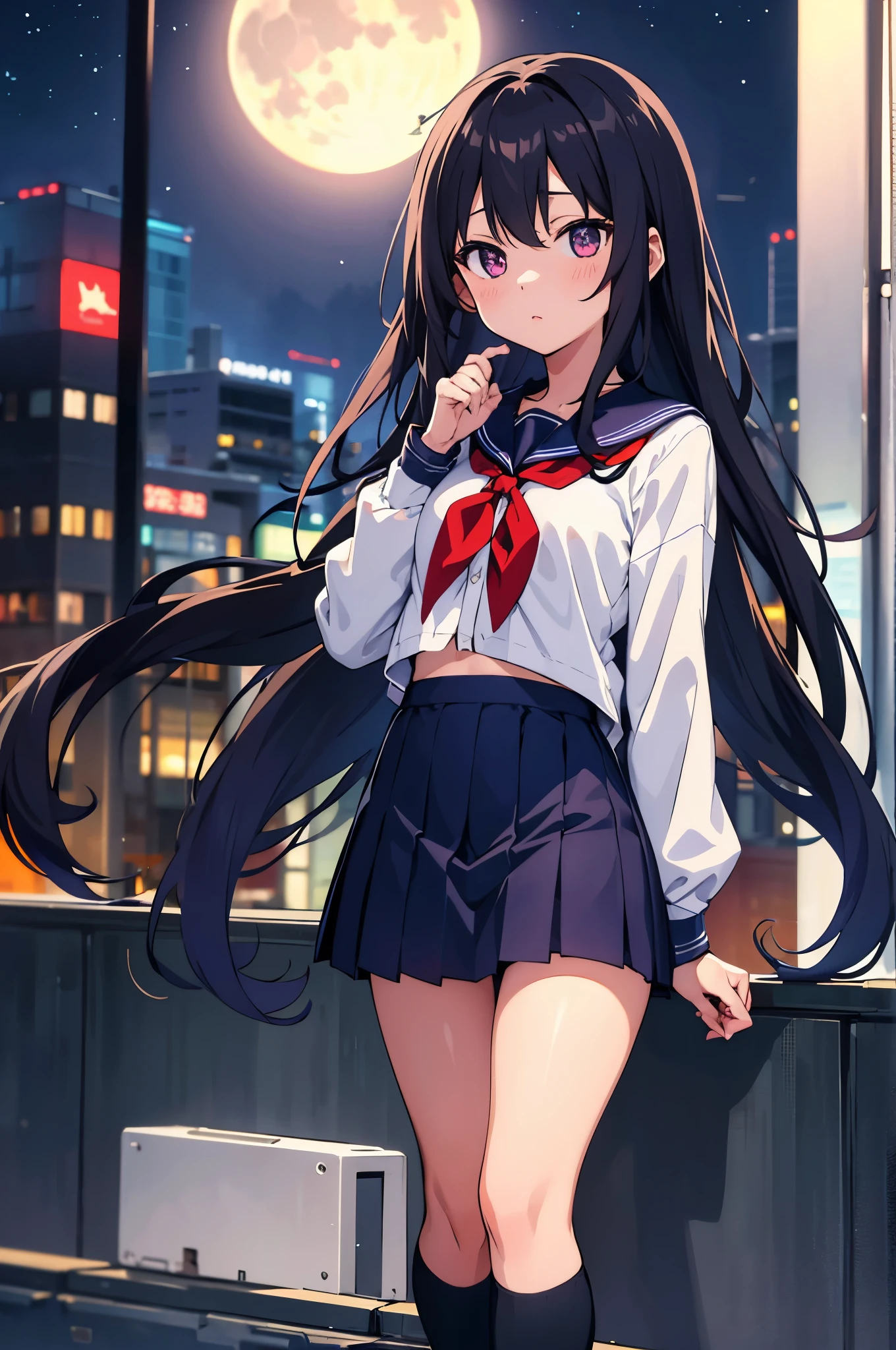 Shinjuku skyscraper district　full moon night　big moon　elementary school girl　　flat chest　black hair　long hair　eyes are purple　（（1 person））　Cardigan on top of white long-sleeved sailor uniform　Lower body navy blue miniskirt　white panties　white socks　sports boots　standing with the full moon behind　（（white pantiesが見える））　from the front
