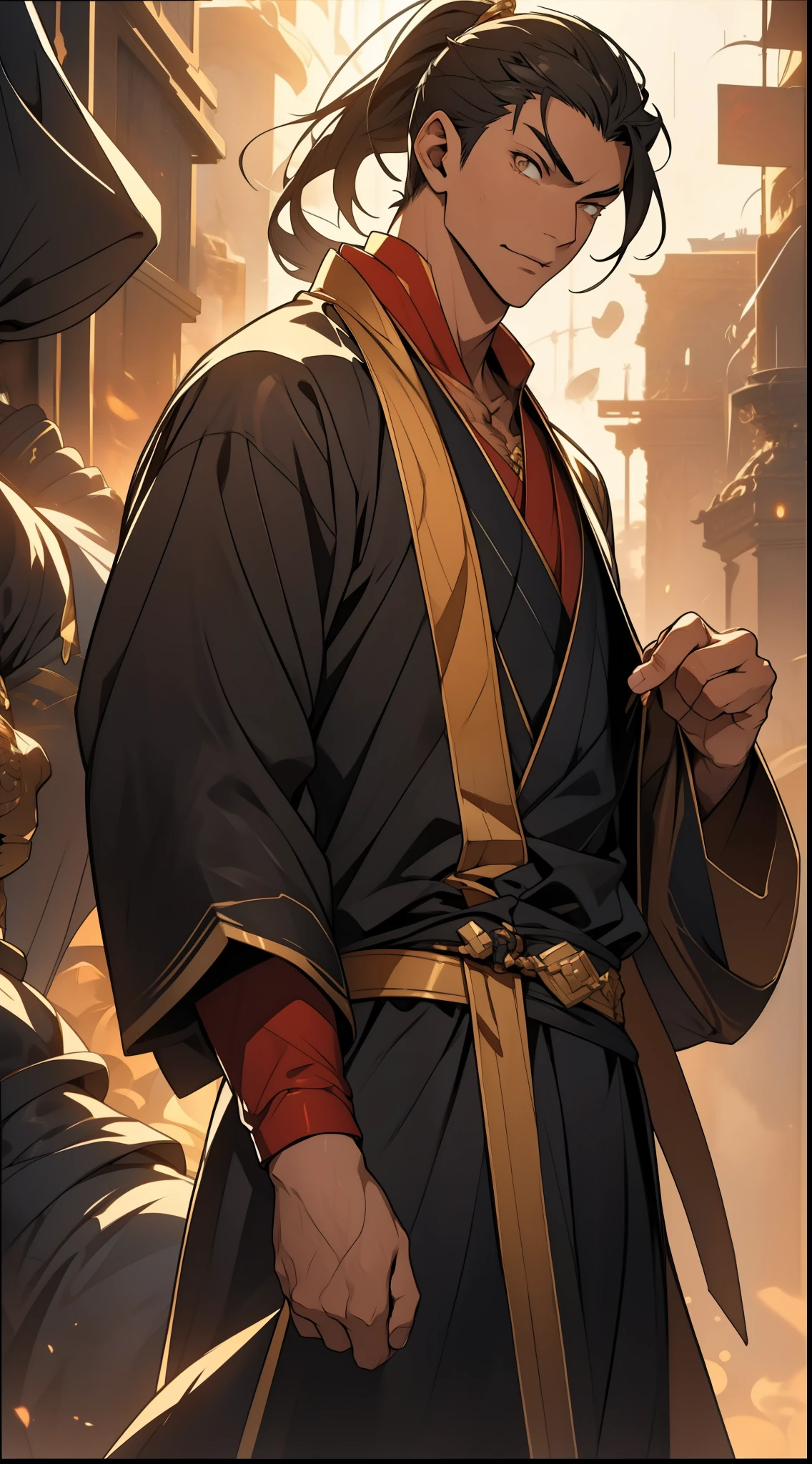 Two dimensions，anime style，one person（male warrior），proportions are correct，facial details，swordsman，high ponytail hairstyle，neck detail，Have an Adam&#39;s apple，Black and gold robe，joke，Black and gold robe，clothing details，Hand over，long sleeves，Game quality，fencing，Ray tracing，Ray tracing，Detailed glow，CG rendering，hair details，Long black and blond hair，Black-gold eyes，Handsome，Handsome，（Youthful feeling），Costumes are complicated，Perfect composition，refine，high quality，higher details，many details，Complex background，a sense of atmosphere，