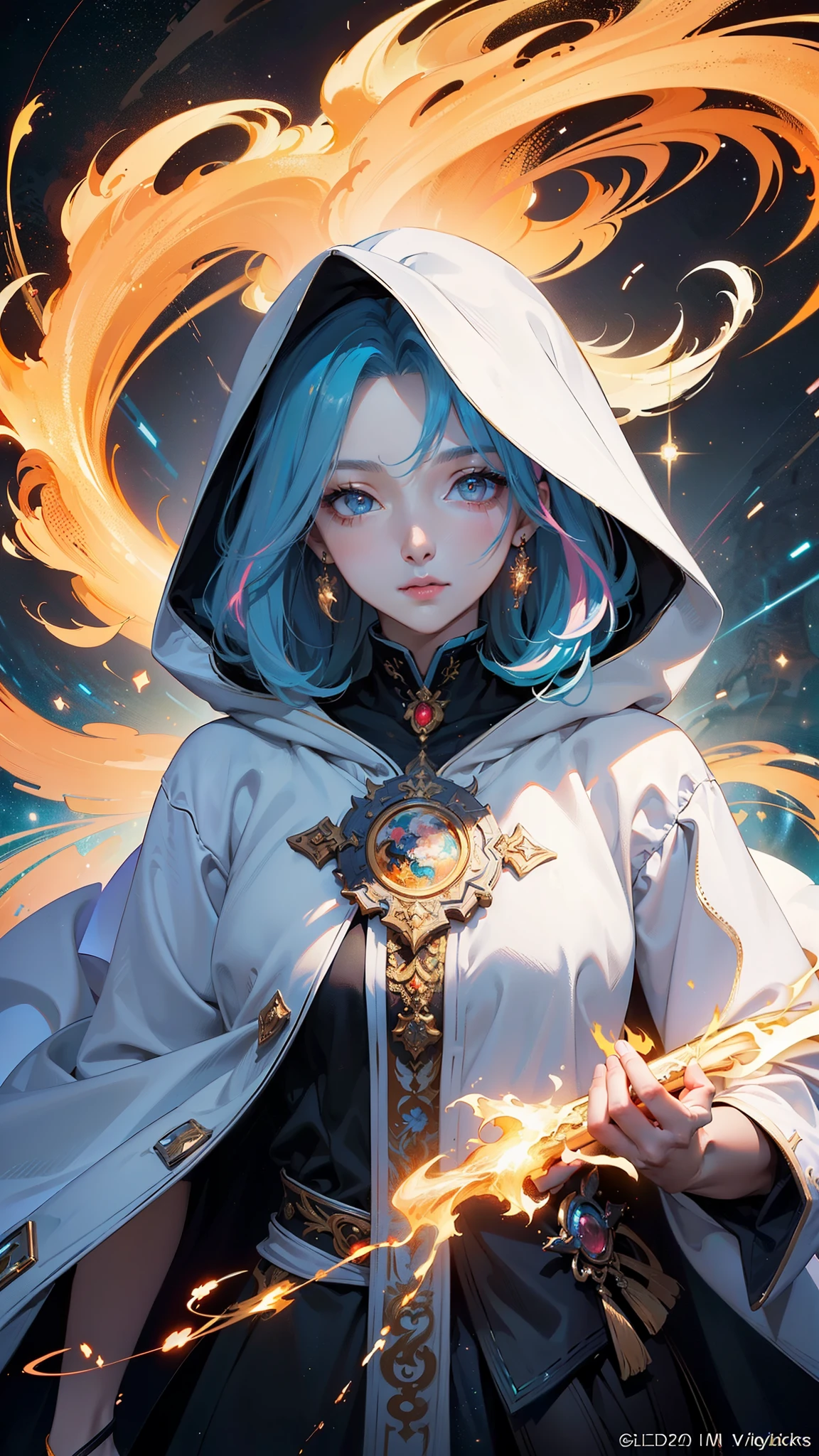 (masterpiece, top quality, best quality, official art, beautiful and aesthetic:1.2), (1girl), extreme detailed eyes, (fractal art:1.3), colorful, highest detailed, (perfect face), shiny skin, HDR, (white cloak golden lines:1.2), galaxy, (light streaks), striking visuals, (dynamic streaks, luminous trails:1.2), vibrant colors, (phoenix), (dragon)