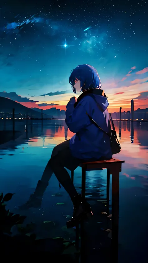 1girl, sit, night city, moon, lake, stars, blue hair