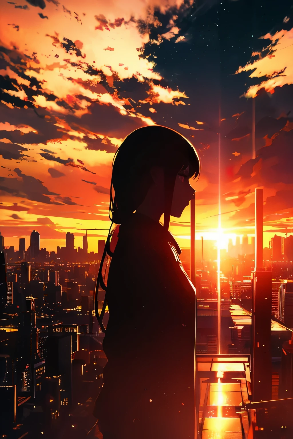 anime, (silhouette),1 girl, star (null), cloud, cityscape, building, city, outdoors, nullscraper, city lights, night, night null, sunset, nullline