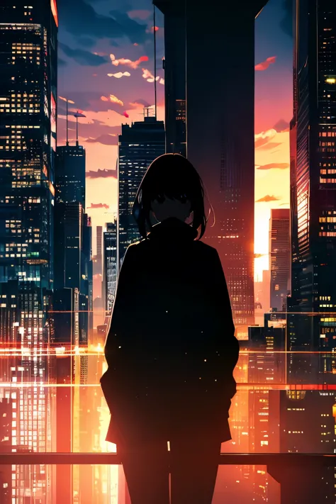 anime, (silhouette),1 girl, star (null), cloud, cityscape, building, city, outdoors, nullscraper, city lights, night, night null...