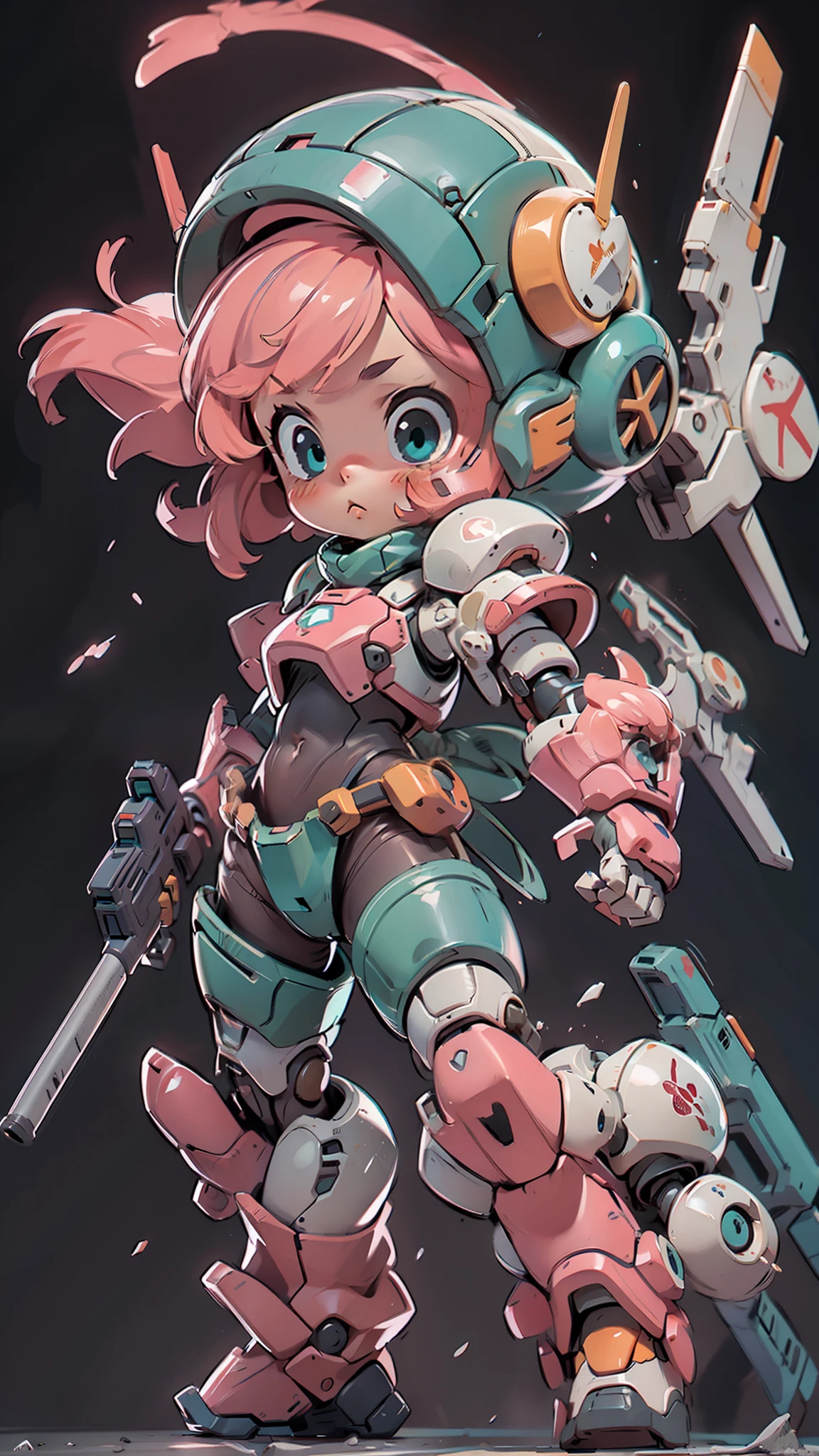 BJ_Cute_Mech,1girl,solo,blush,blue_eyes,holding,closed_mouth,standing,full_body,weapon,pink_hair,chibi,holding_weapon,armor,aqua_eyes,gun,helmet,black_background,clenched_hand,holding_gun,mecha_musume,power_armor,
cinematic lighting,strong contrast,high level of detail,Best quality,masterpiece,White background,